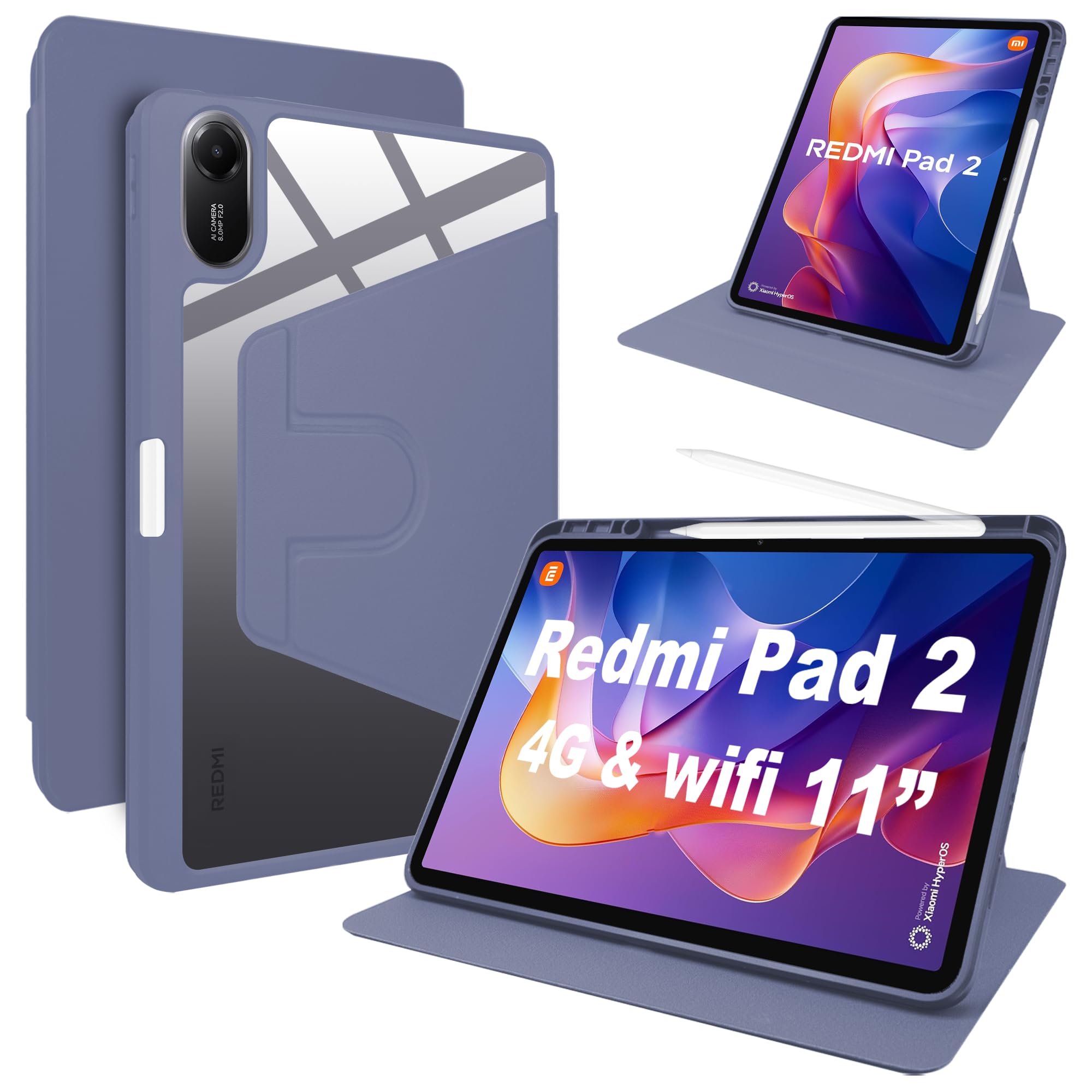Lemxiee PU Leder Case für Xiaomi Redmi Pad 2 11" hülle mit Stiftschlitz & Drehständer & Kratzfest,PU Leder + Acryl Hülle