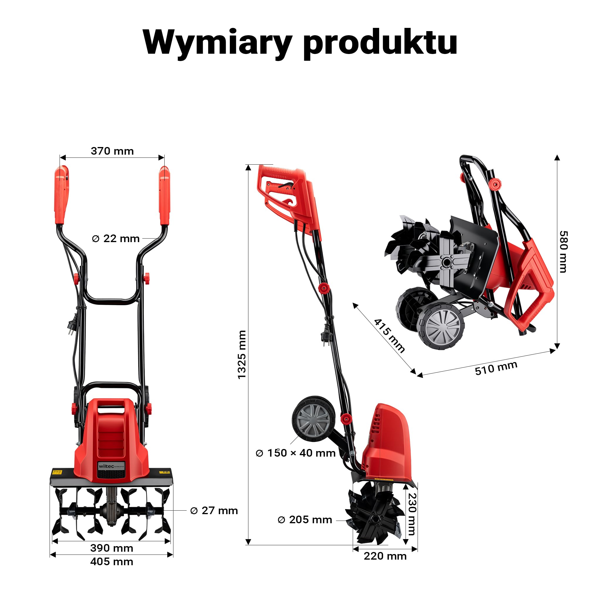 Wiltec Elektryczna glebogryzarka o mocy 1500 W, kultywator ogrodowy z 24 nożami o długości 220 mm i prędkością jodłową 400 obr/min