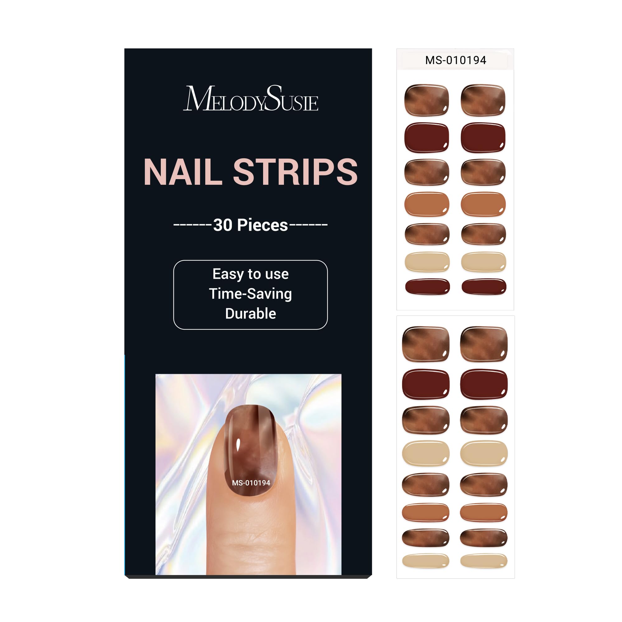MelodySusie 30PCS Semi Cured Gel Nail Strips (Brown Shading), Works with Nail lamp, Salon Quality, Long Lasting, Easy to Apply and Remove, Includes 2 Prep Pads, Nail File and Wooden Stick