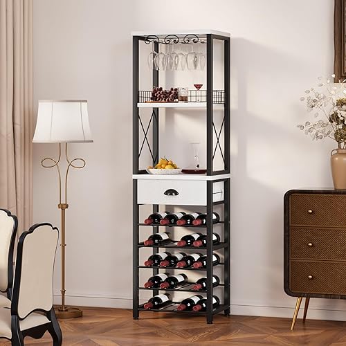 Miniatura 4 de Homeiju Estante de vino independiente para piso, gabinete de bar para licor y vasos, gabinete de barra de 4 niveles con mesa, soporte para vidrio,