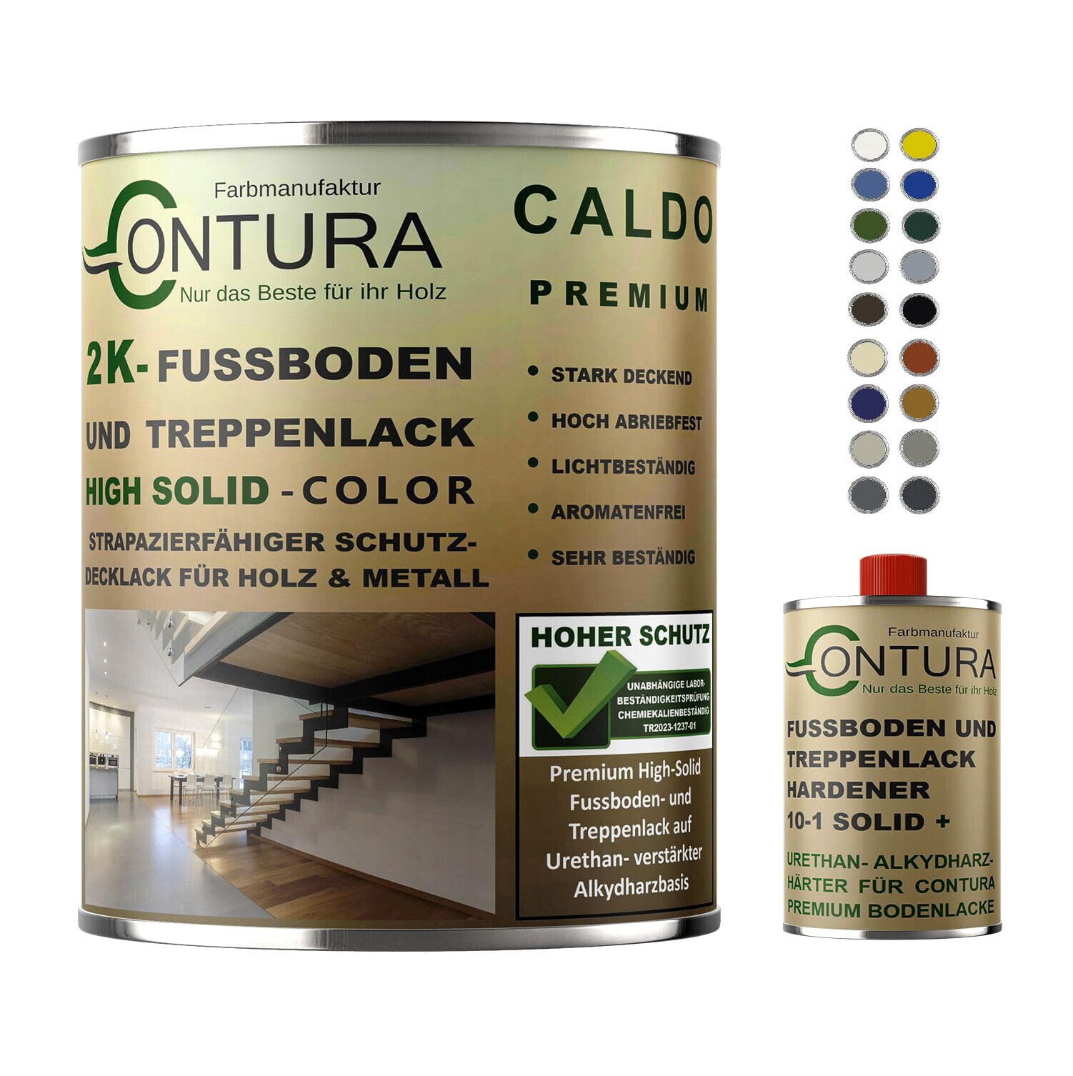 Contura 2K Fussbodenlack Treppenlack Farbe Buntlack Seidenmatt Dielenlack Parkettlack (9010 Reinweiß, 2,75Liter (2,75L+250ml Härter))