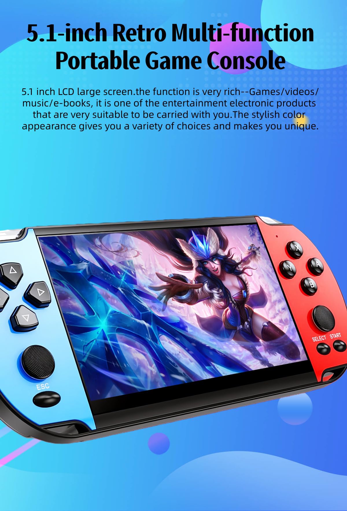 JXD 5,1 Pollici Retrò Console di gioco Portatile Multifunzione Diversi emulatori Uscita Video/Musica/E-book/TV Viaggi/attività all'aperto/tempo libero Intrattenimento Regalo di compleanno/Natale