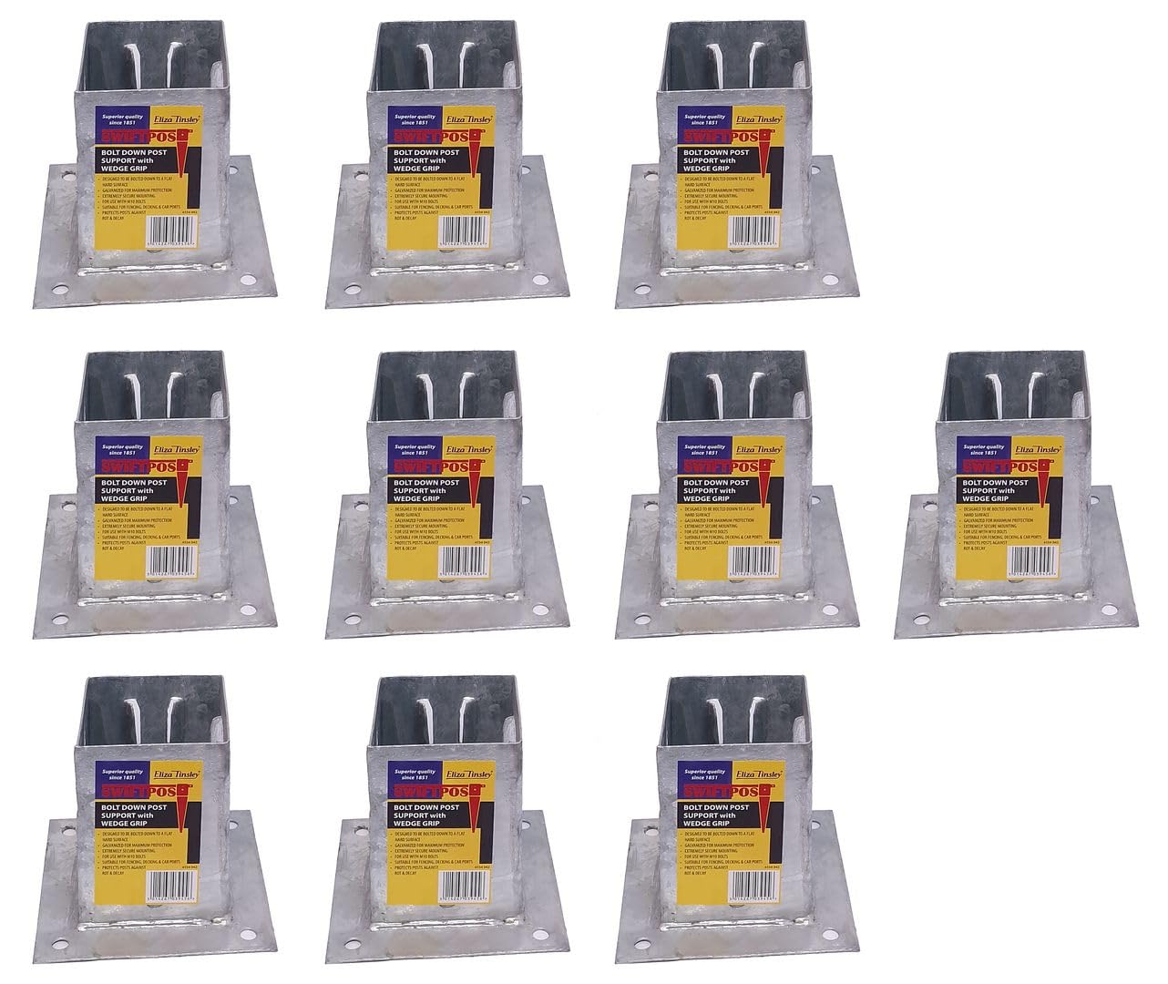 10 x Fence Post Holder 100mm posts Support Bolt Down Shoe Anchor Wedge Grip Galvanised for 100mm x 100mm posts (4") Eliza Tinsley Swiftpost, Pack of 10
