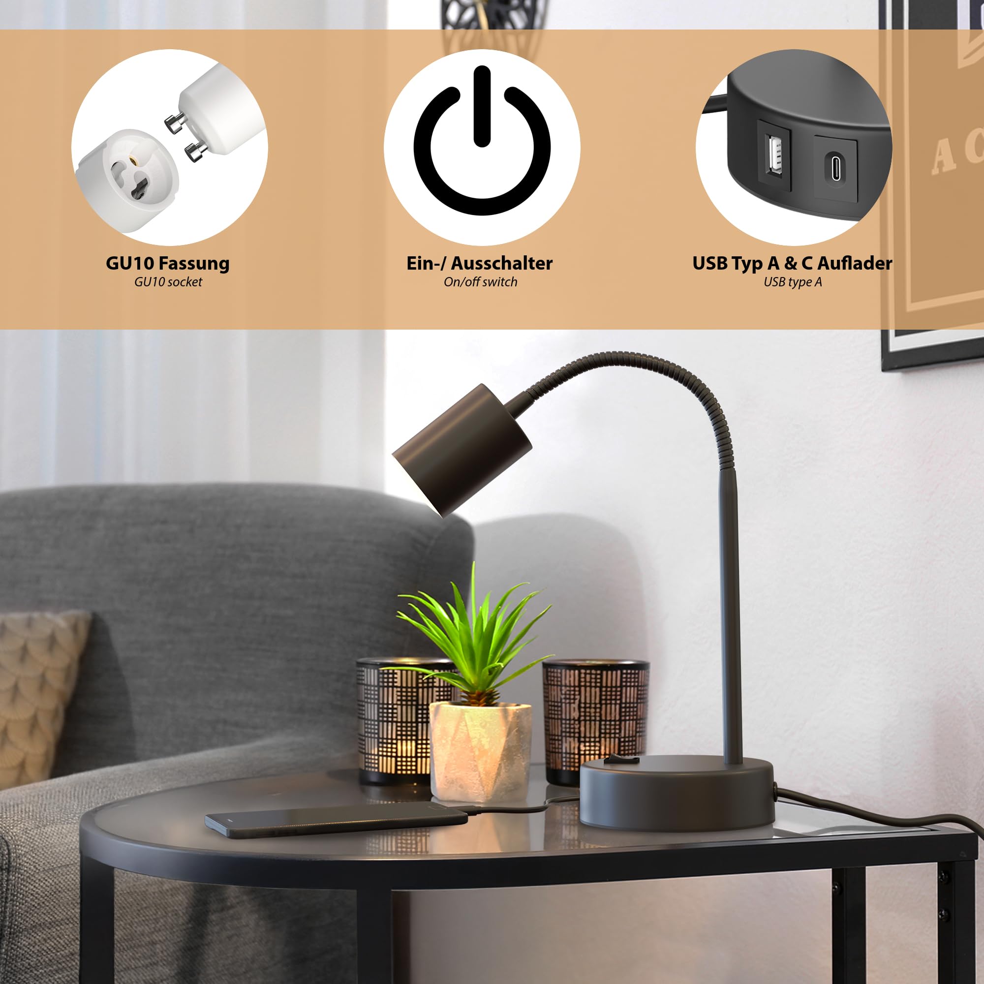 ledscom.de 2x Tischlampe WAIKA, Schwanenhals, Schalter, rund, schwarz, USB-A, USB-C, 1x GU10 max. 15W