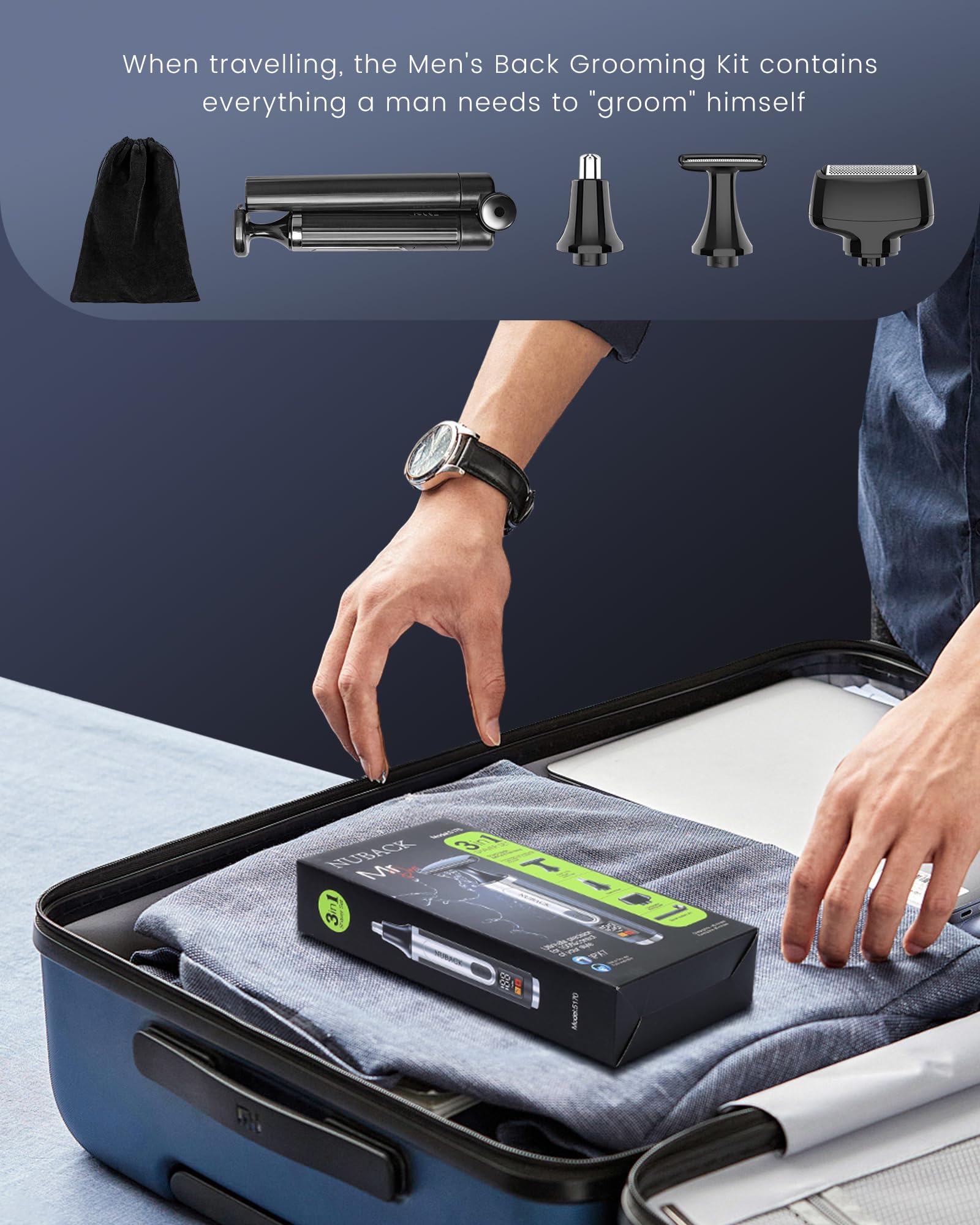 NUBACK Rückenrasierer Herren, 3 in 1 Mens Rasierer Herren, Trimmer for Herren mit Faltbarem Griff, Mens Back Shaver Elektrisch, Bodygroom Herren Sets with Wider Blade,Geschenk Mann