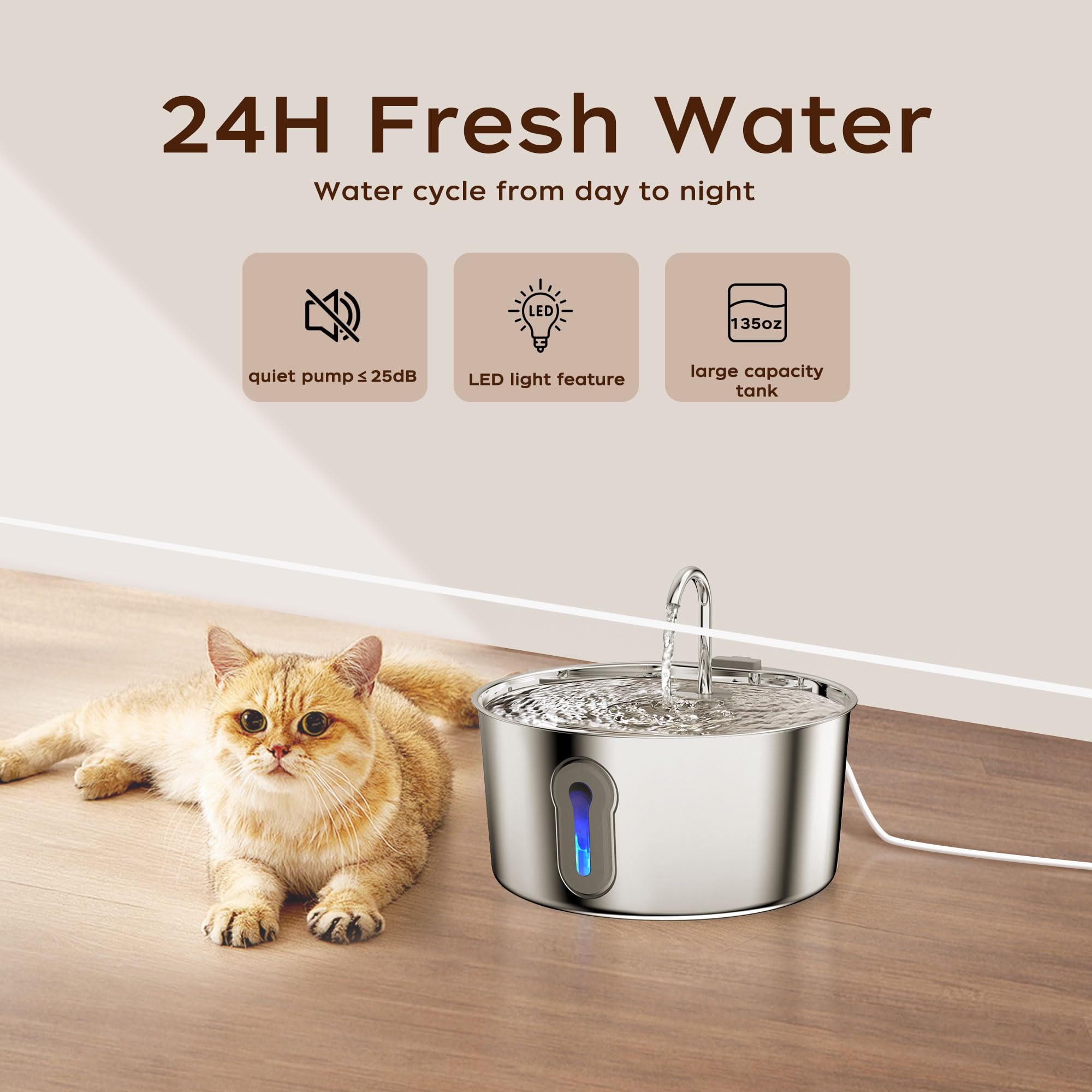 4L/135oz Large Cat Water Fountain Advanced 304 Stainless Steel with Detachable Tank, Easy to Clean, Automatic Pet Fountain Quiet Cats Water Dispenser, Dogs (135oz Large Cat Fountain) - image 6