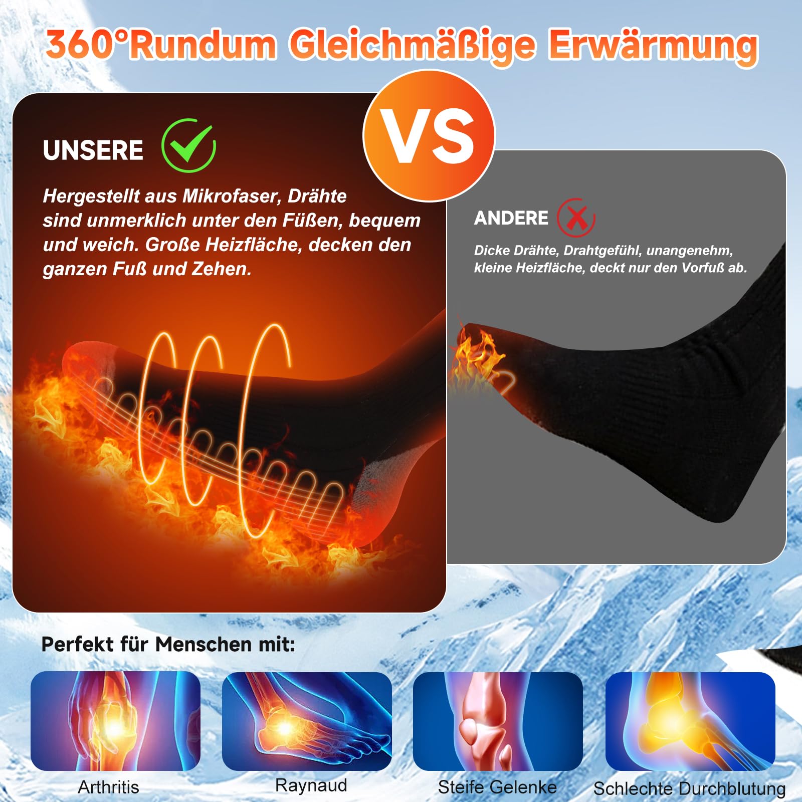 Beheizbare Socken mit APP-Steuerung 5V 8000mAh Fußwärmer Warme Socken Damen Herren Waschbare 4 Temperatur Wiederaufladbare Heizsocken für Winter Skifahren, Radfahren, Angeln, Camping, Wandern