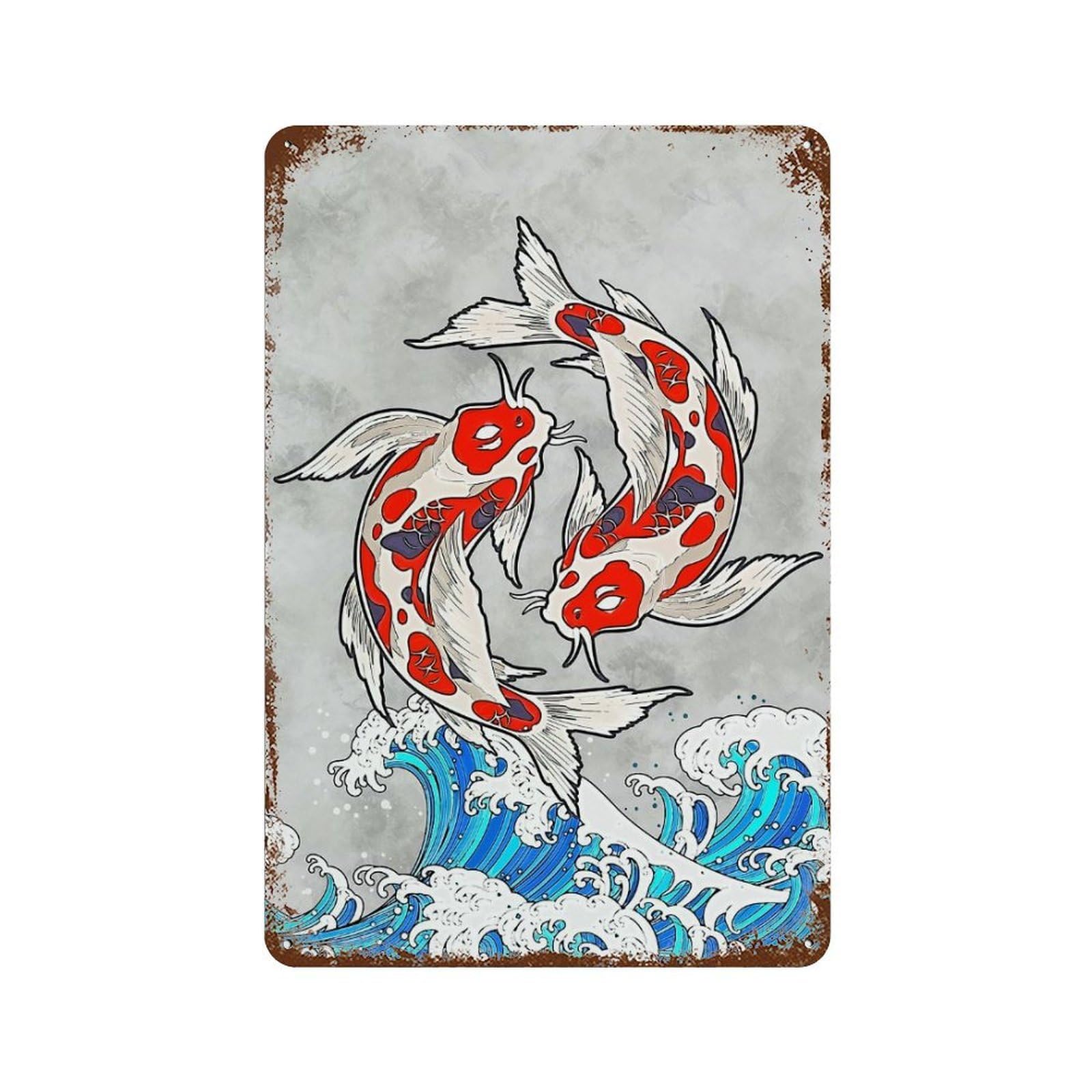 Koi And Wave 11.8"x7.9" Vintage Rust Metal Sign, Novelty Wall Decor for Living Room, Hallway And Home Decor