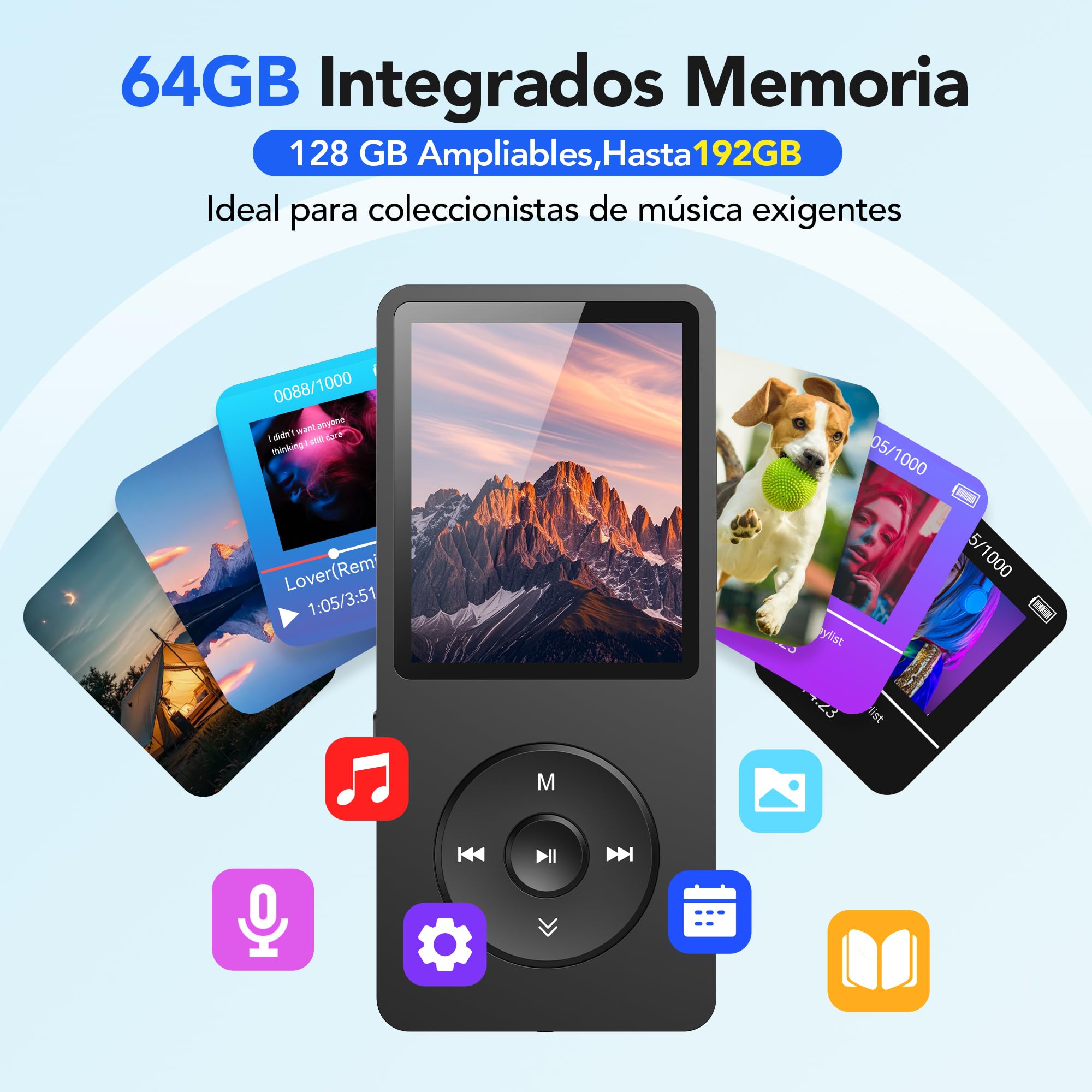 AGPTEK 64GB Reproductor MP3 Bluetooth 5.3,MP3 Player, Reproductor MP3 Deportivo Portátil, 1.8" Pantalla de 70H de Reproducción, MP3 de Niños Radio FM, Externo hasta 128GB(Sin Auriculares) (Negro)