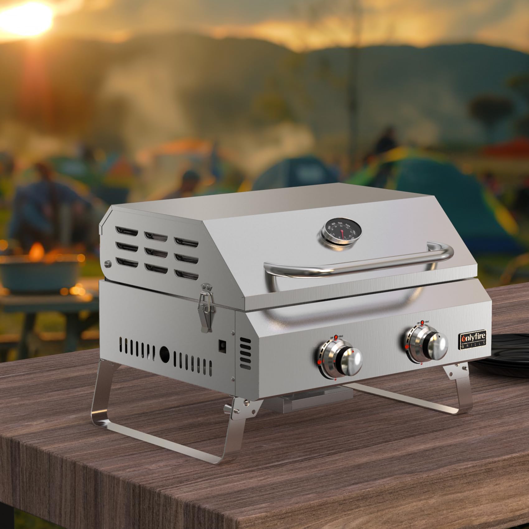 onlyfire Tischgasgrill 2 Edelstahlbrennern, Tischgrill mit Deckel, Grillrost, Thermometer, Kleiner Gasgrill für Balkon Camping Garten, 4.7 kW, Grillfläche 46x35cm, BBQ Tragbarer Tisch Gasgrill
