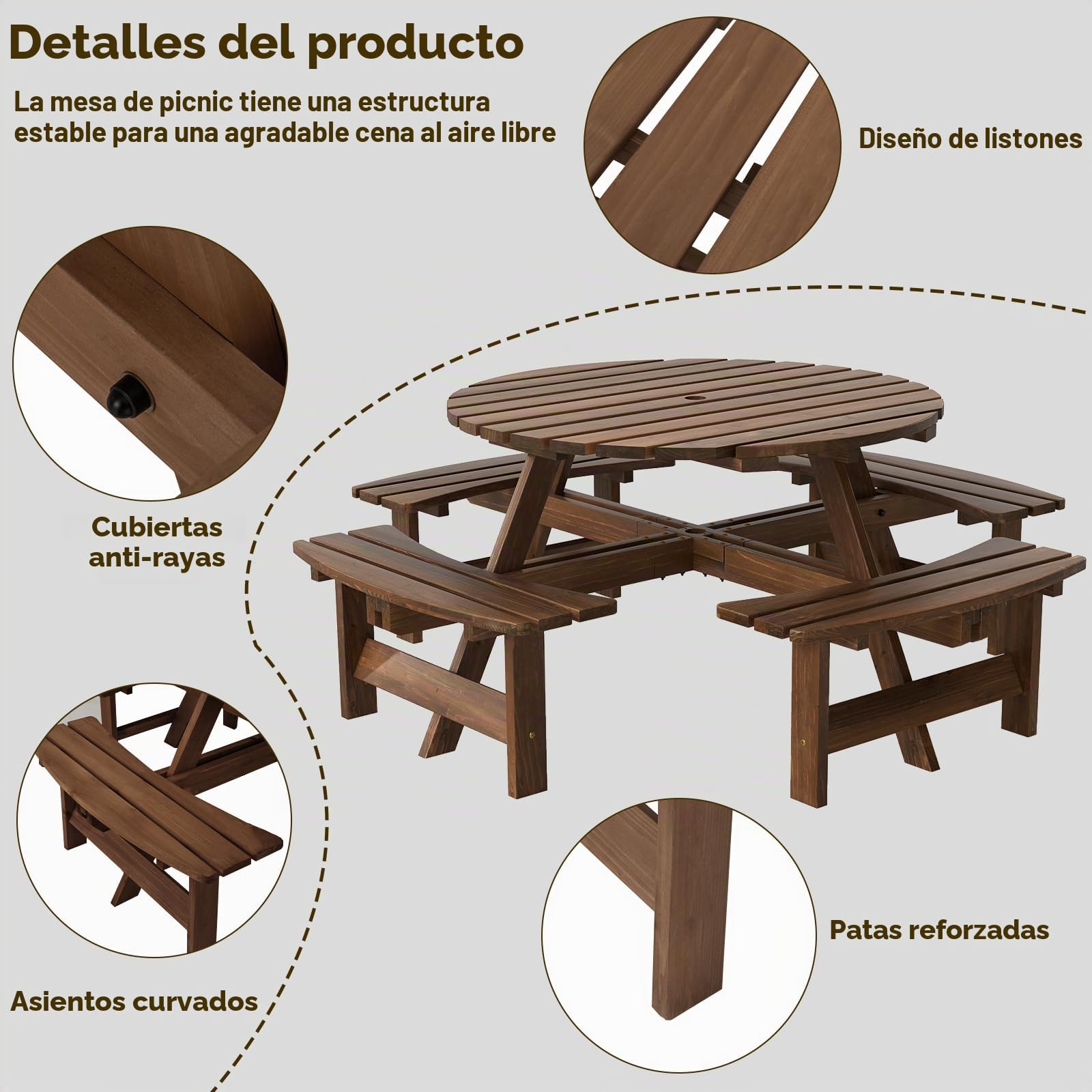 GIANTEX Mesa de Picnic con 4 Bancos para 8 Personas, Mesa de Comedor de Madera de Abeto con Agujero de Sombrilla, 179 x 179 x 70 cm, Juego de Muebles para Patio, Jardín, Terraza (Marrón)