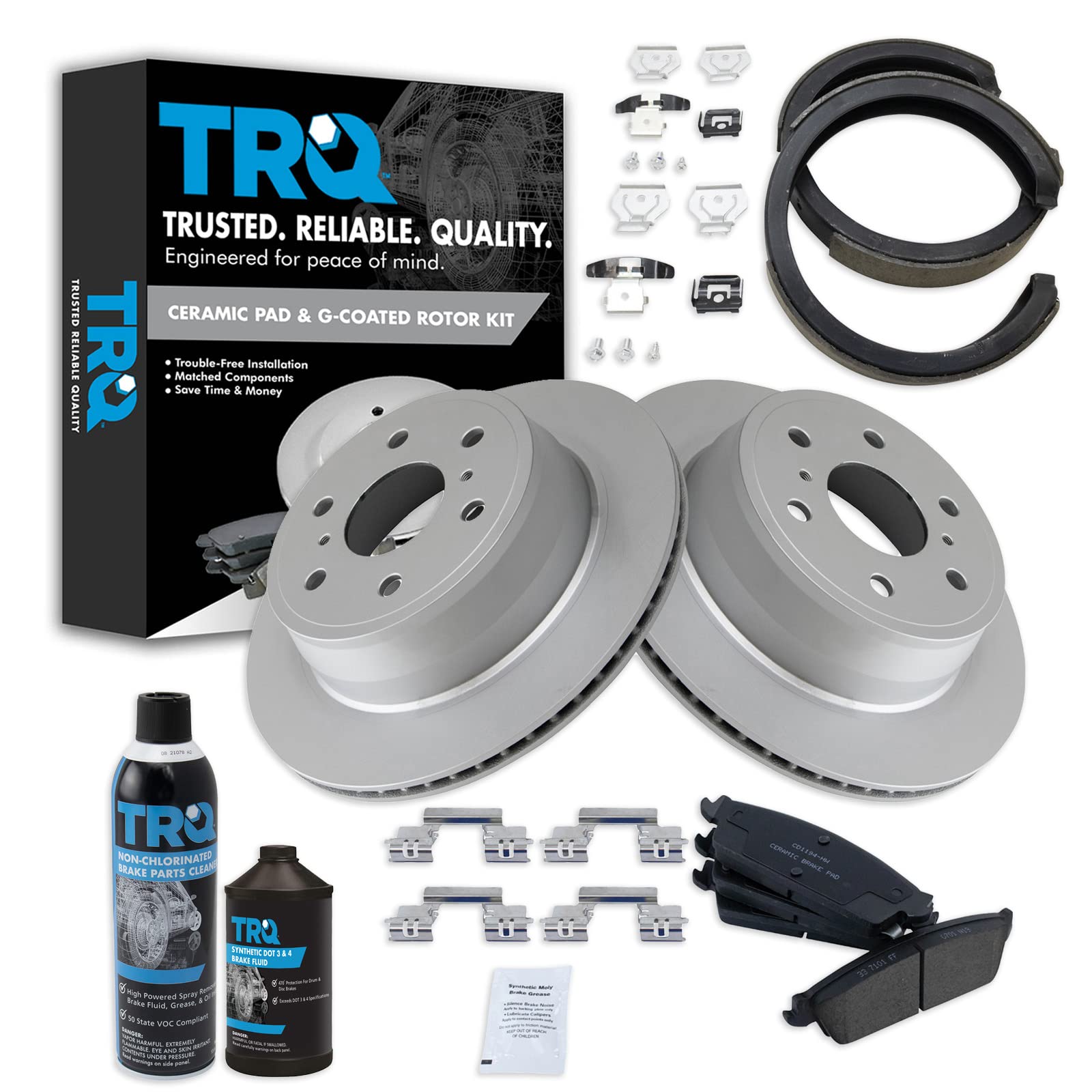 TRQ Rear Brake Pad &amp; Rotor Kit Premium G-Coated Ceramic Compatible with 07-10 Cadillac 07-14 Chevrolet 07-13 GMC