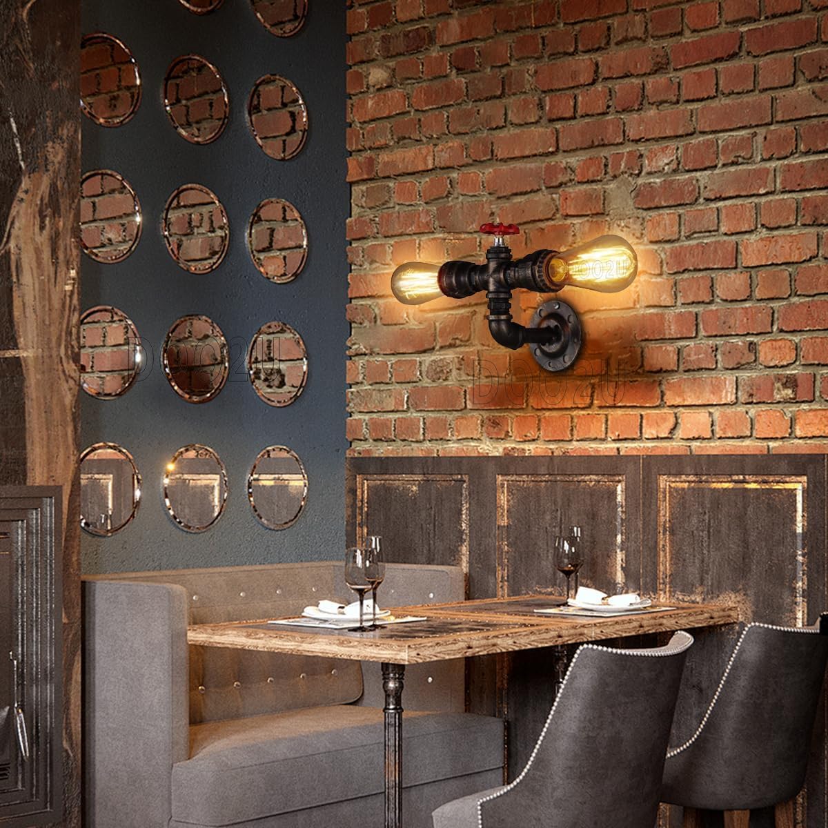 Appliques murales Tuyau d'Eau Industriel en Metal Lampe murale Rétro Rouge rouille Style Double Tête Creative Eclairage Decoratif pour Cuisine Salon Chambre à Coucher