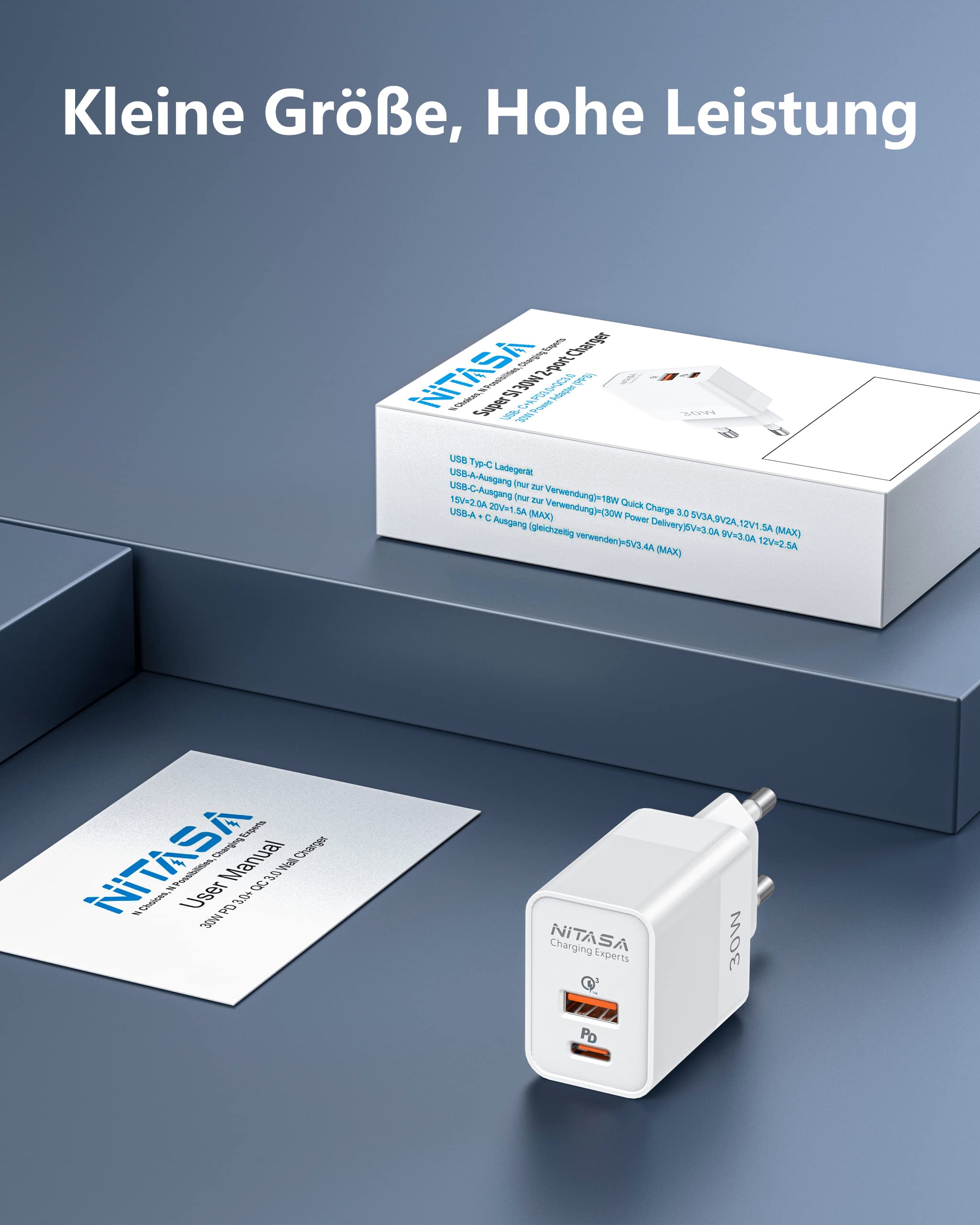 Ładowarka USB C 30W,NITASA Szybka Ładowarka Dwuportowa 30W,Zasilacz z PD i QC3.0,Wtyczka Ładowarki Kompatybilna z iPhone 14/13/15/15 Pro Max/Mini/ipad,Samsung Galaxy S23/S22 Google Pixel 8/7/6 Pro/6a