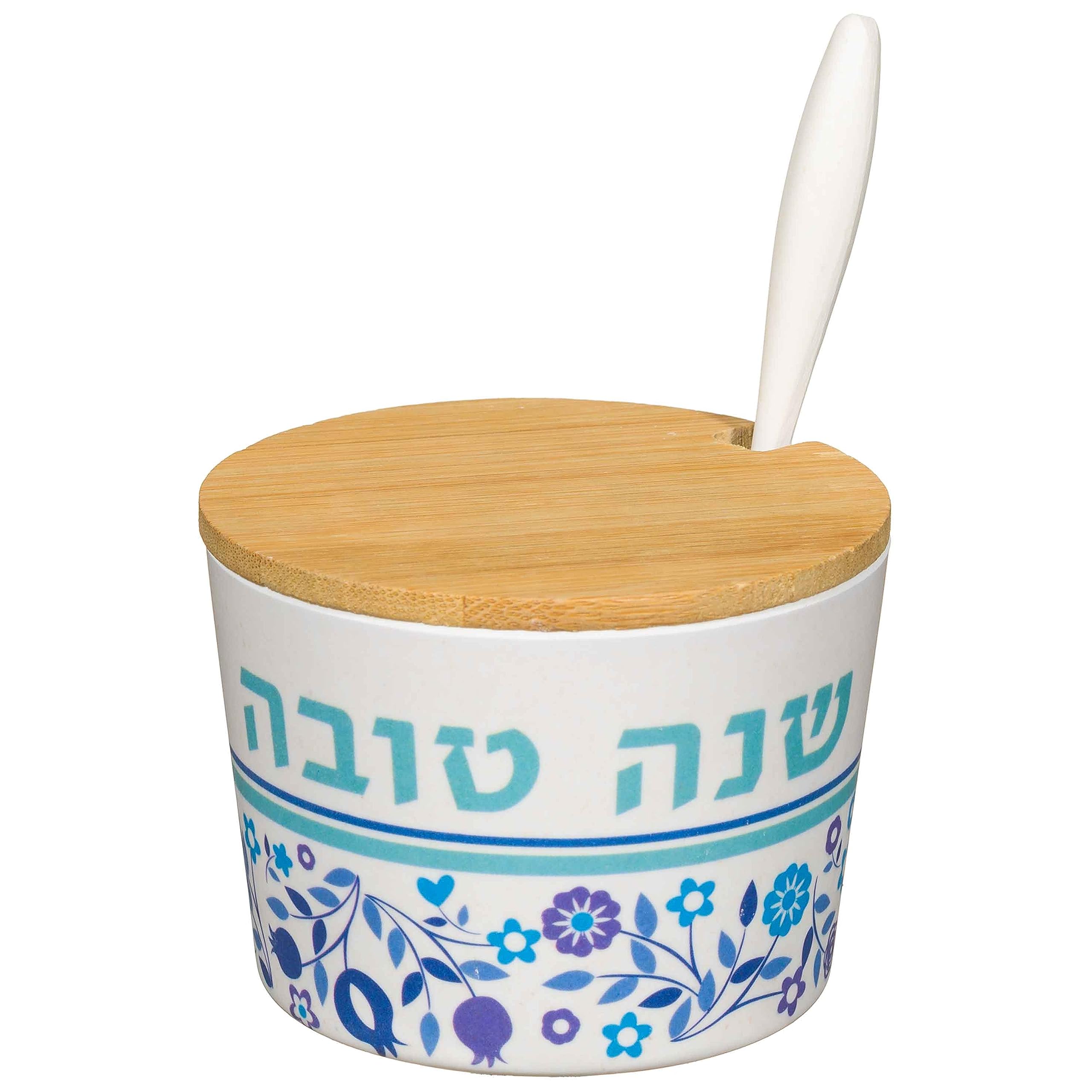 Rosh Hashana Eco Friendly Bamboo Honey Server for Jewish New Year (Blue Pomegranates & Flowers)
