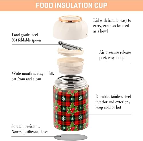 Miniatura 4 de Christmas Evergreen Plaid Food Jar with Spoon Stainless Steel Vacuum Insulated Food Container 17 oz Food Flask for Adults