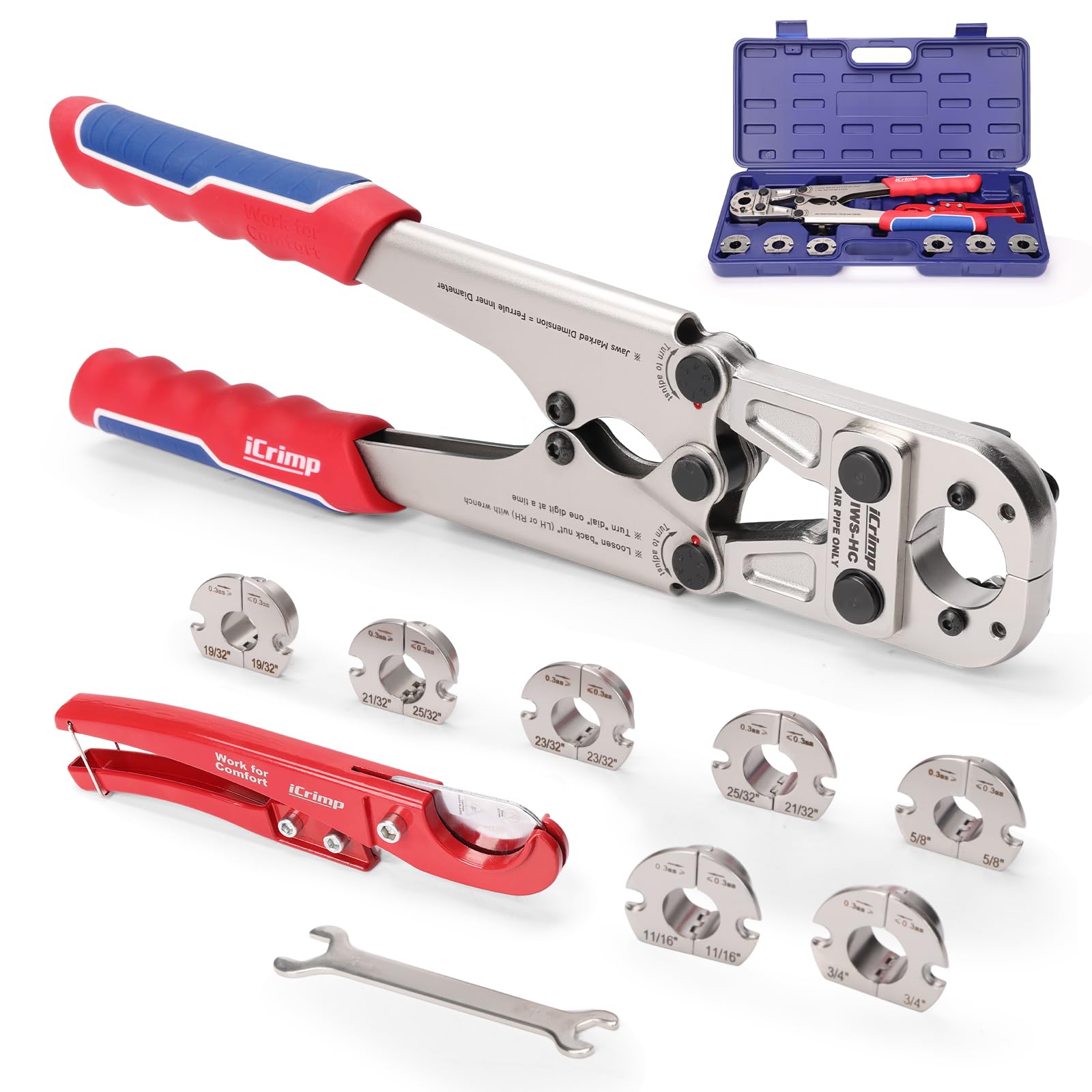 iCrimp Heavy Duty Air Hose Crimper Kit for 19/32" to 25/32" ID Ferrules with 7 Interchangeable Jaws & Cutter- Repair Tool for Rubber, Air&Torch Hoses