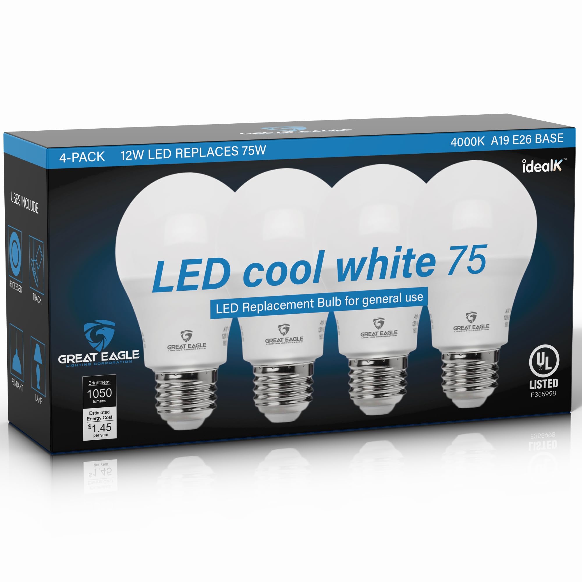 Great Eagle A19 Led Bulbs 75 Watt Equivalent - UL Listed - Cool White 4000K 75 Watt Led Light Bulbs - Non Dimmable - Standard Replacement (4 Pack)