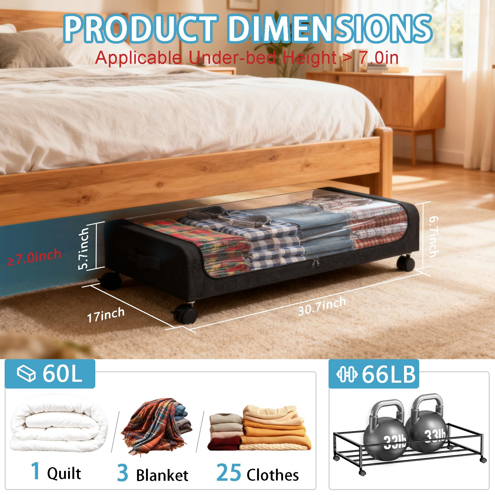 2 contenitori portaoggetti da mettere sotto il letto con coperchi, grandi, con ruote, scarpe, vestiti, coperte, lenzuola, cuscini, per dormitorio (nero-B)