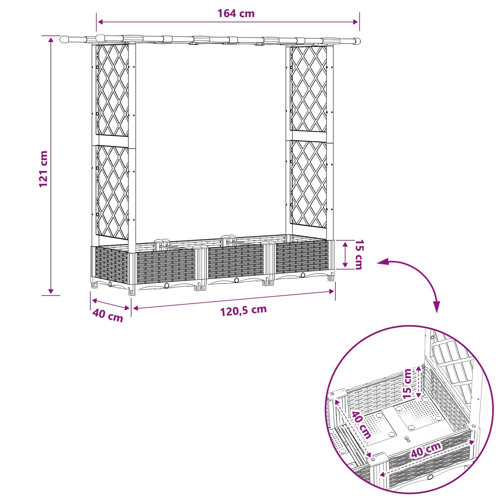 Jardinera con enrejado y techo, jardinera de polipropileno gris para jardín y terraza, 164 x 40 x 121 cm, resistente a la intemperie con riego y almacenamiento de agua para hierbas y verduras