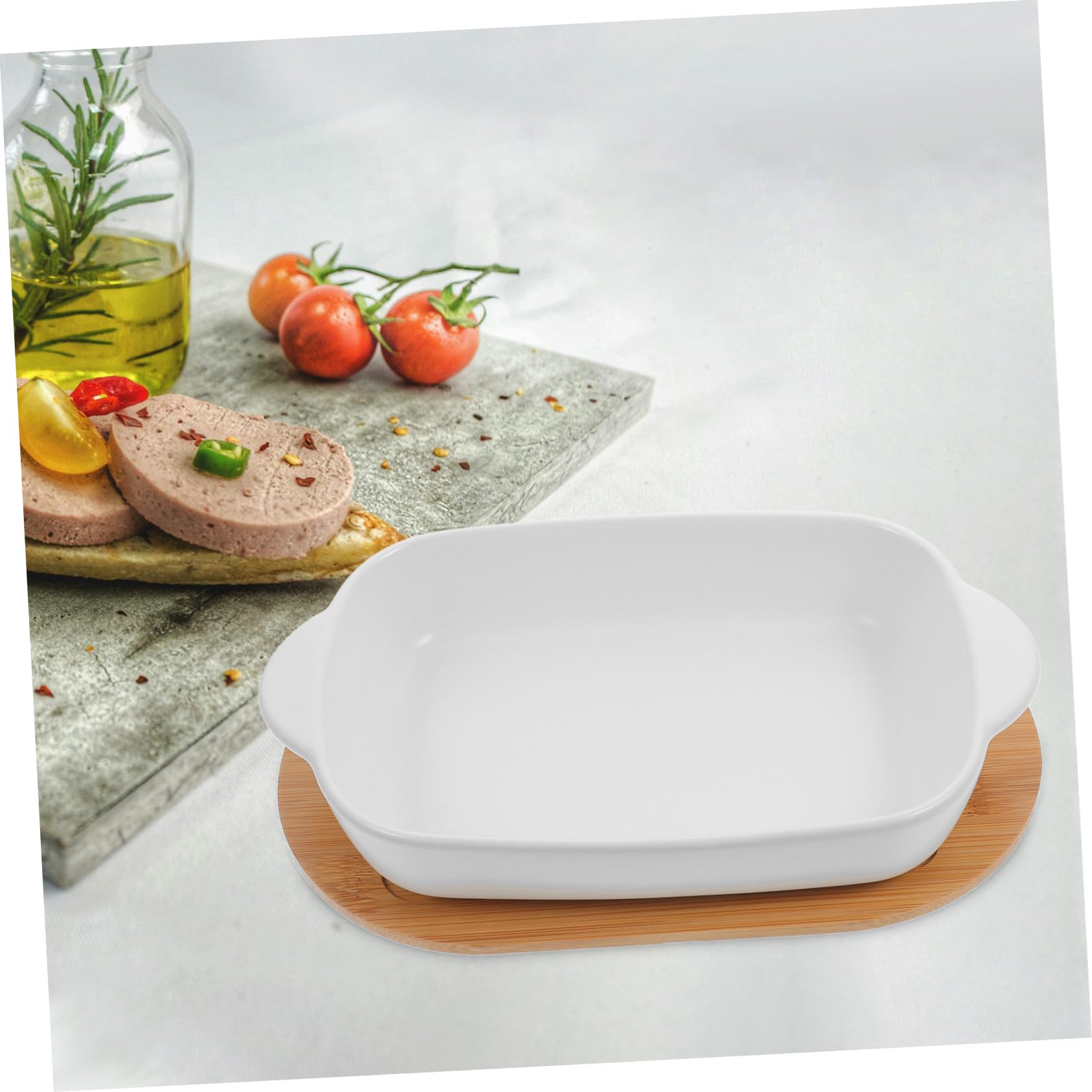 Cabilock Plat à Four Céramique à Double Poignée Plat de Cuisson avec Base Bois Saladier Décoratif pour Salade et Fromage