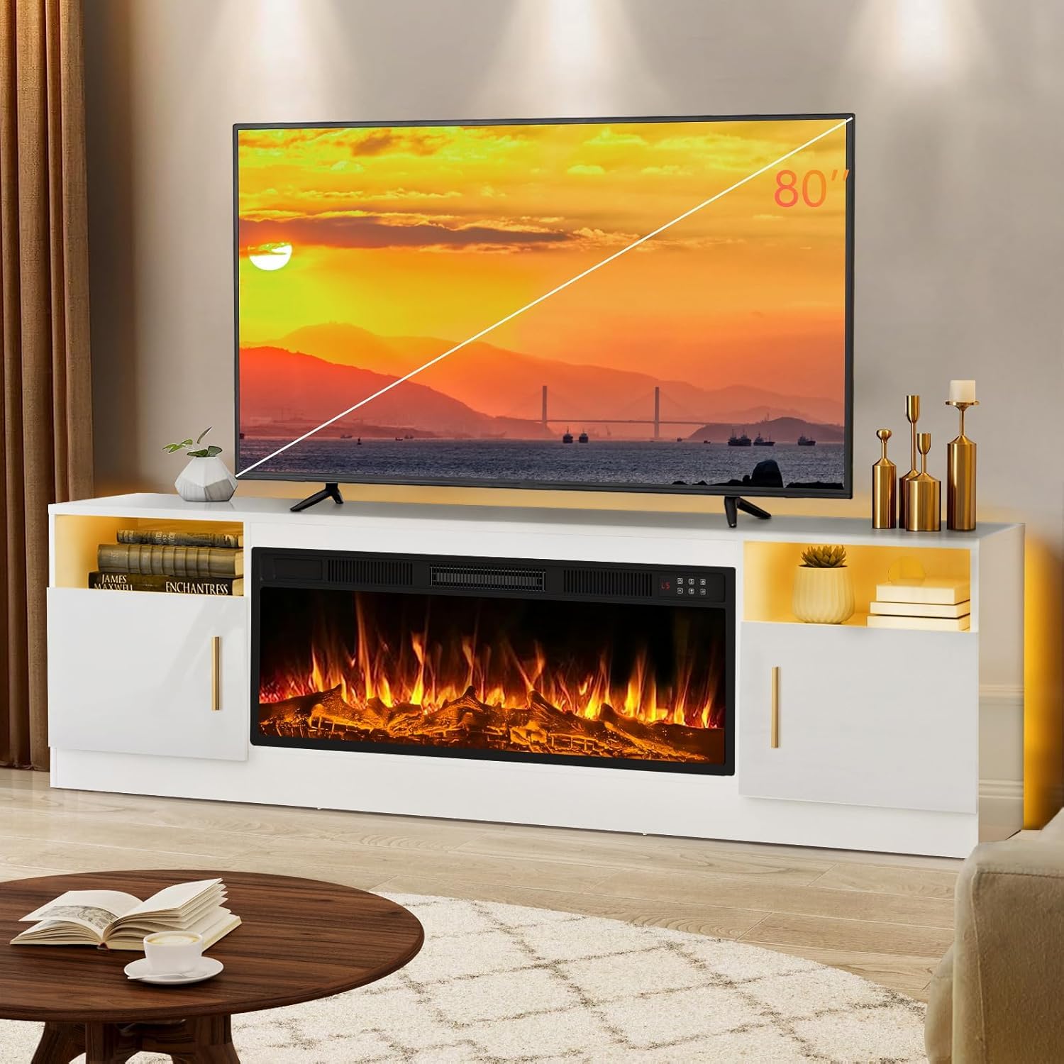 Fireplace tv Stand with 36 inch Fireplace Up to 80" TVs,LED Light Entertainment Center and Storage, 70" Modern Wood Media TV Console with Highlight Cabinet for Living Room
