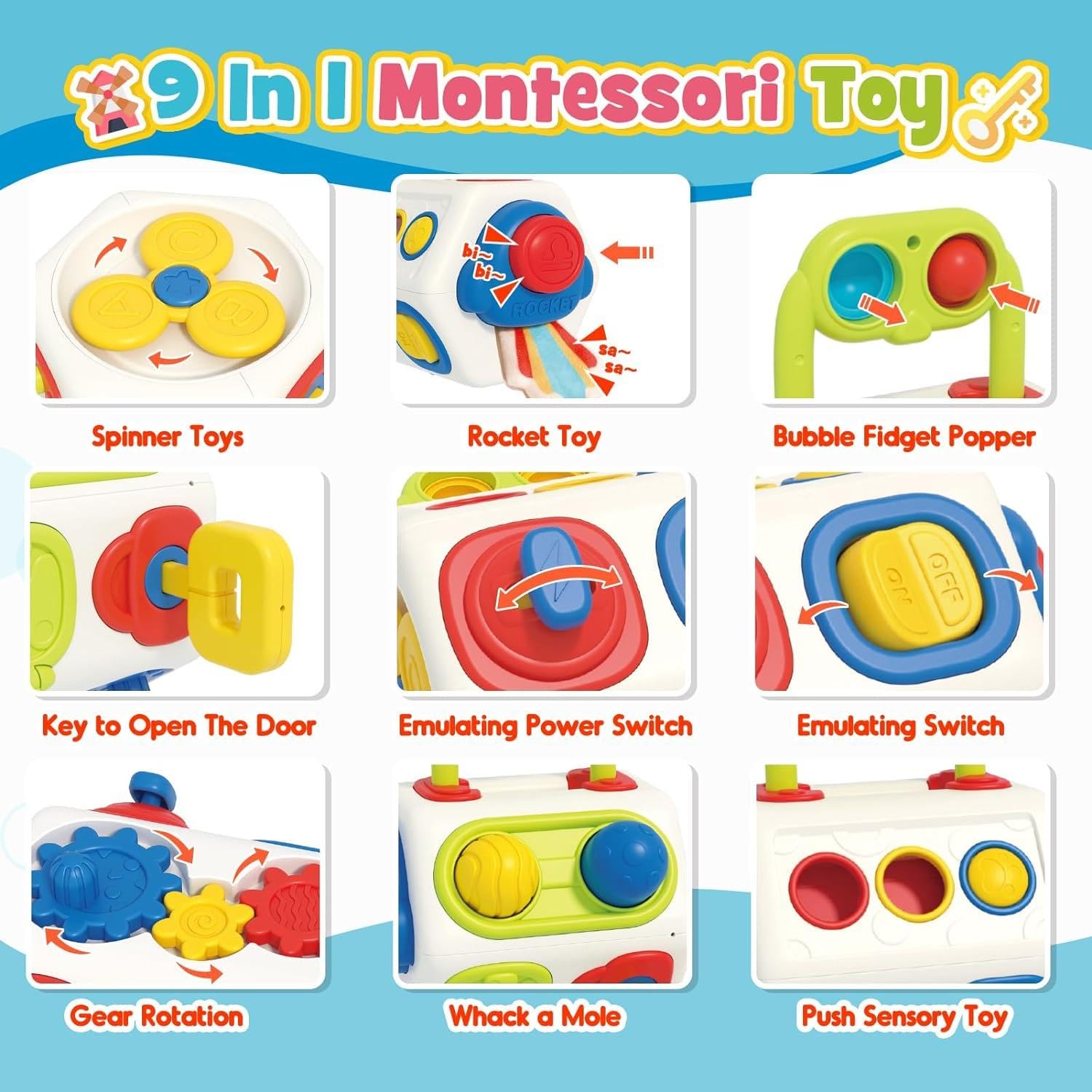 Netora 10 in 1 Busy Cube for 18+ Months Toddlers 8 Sided Montessori Sensory Activity Cube Fine Motor Skills Learning Travel Fidget Toy for Airplane Car Seat Gift for Boys Girls 3