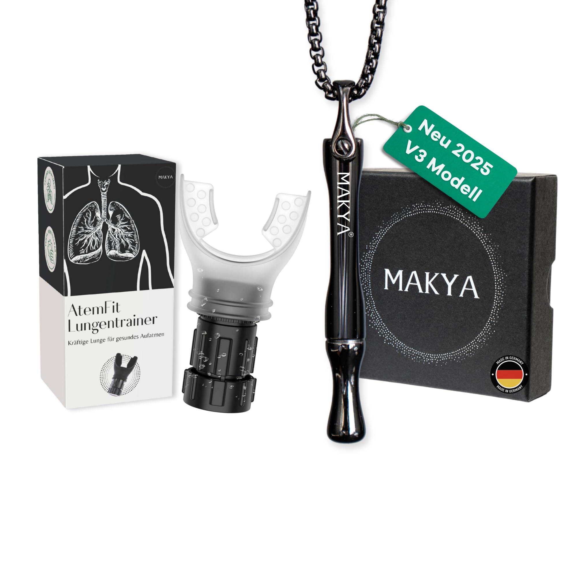 Makya – AtemFit & Makya V3 Bundle – Rauchentwöhnung & Lungenreinigung – Nikotinfrei & chemikalienfrei – Simuliert Rauchgefühl – Lungentraining für Raucher – Edelstahl Halskette – Atemtrainer AtemFit weiß + Makya schwarz