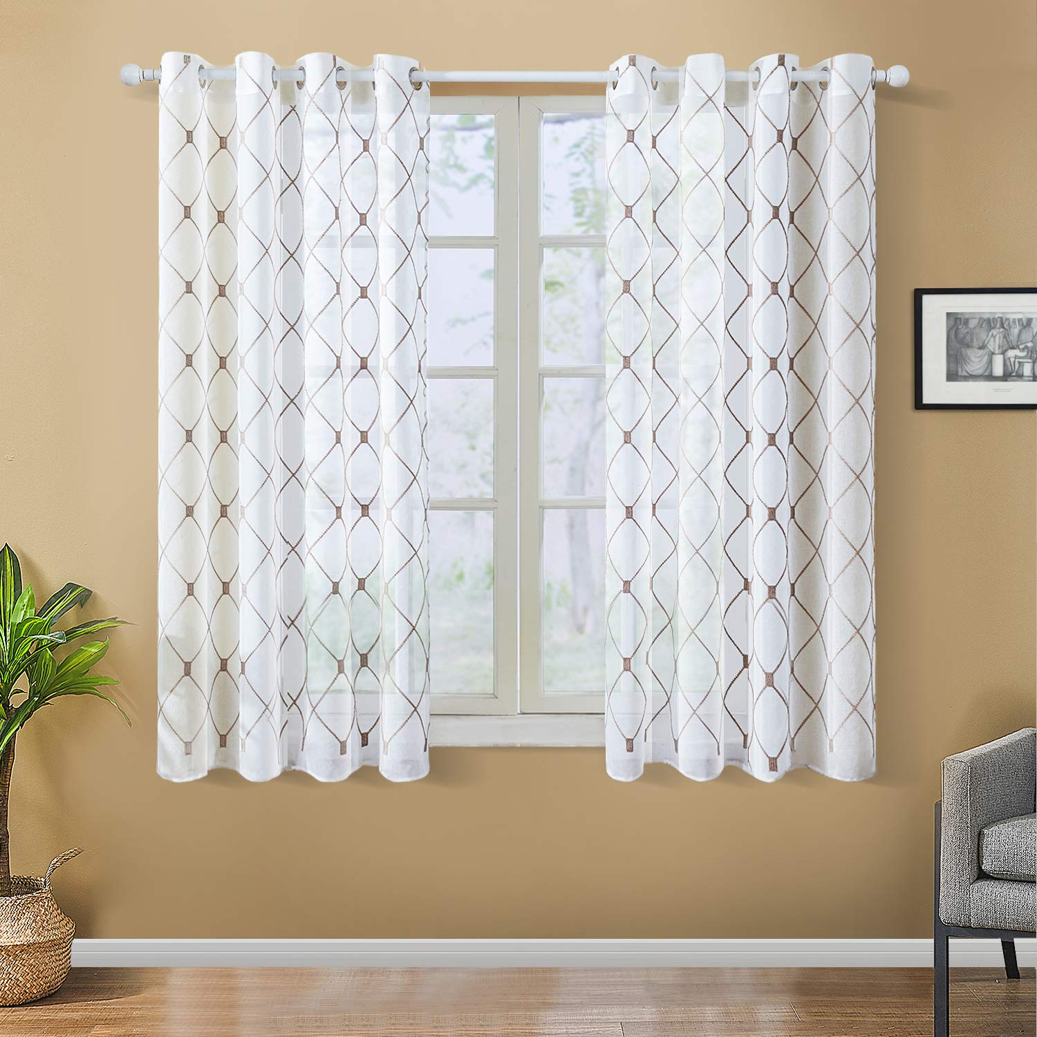 Buy Top Finel White Short Sheer Curtains 54 Inch Length Brown