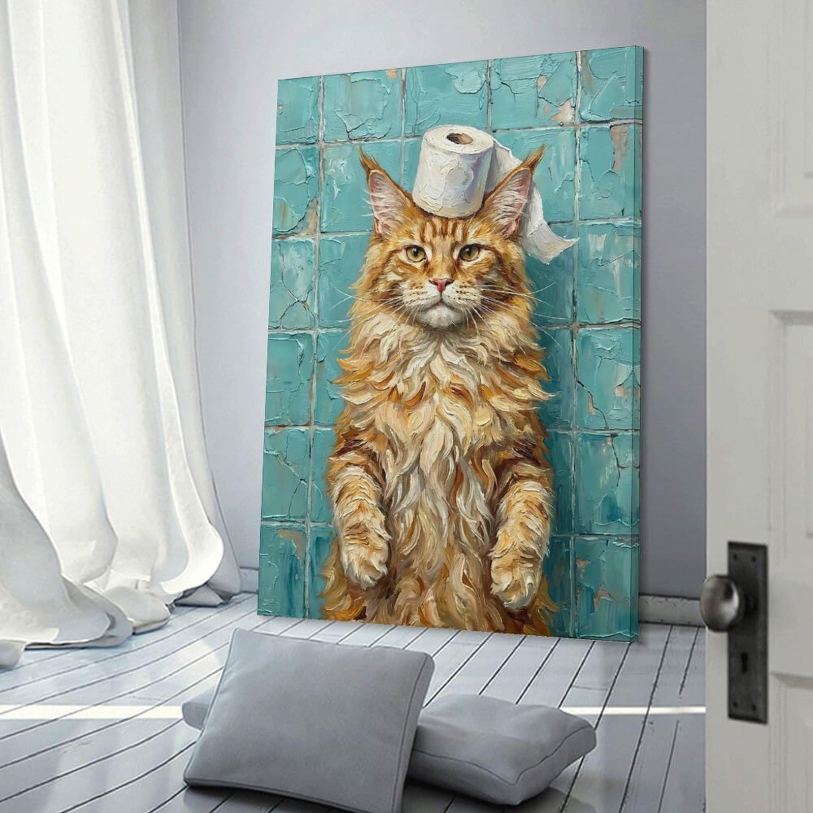 Junmoney Frame-Style-4 Maine Coon Cat With Toilet Paper Canvas Wall Decor 20X30inch(50X75cm), For Bedroom Walls, Guest Spaces Or Lounges, A Warm Accent For Relaxed Interiors