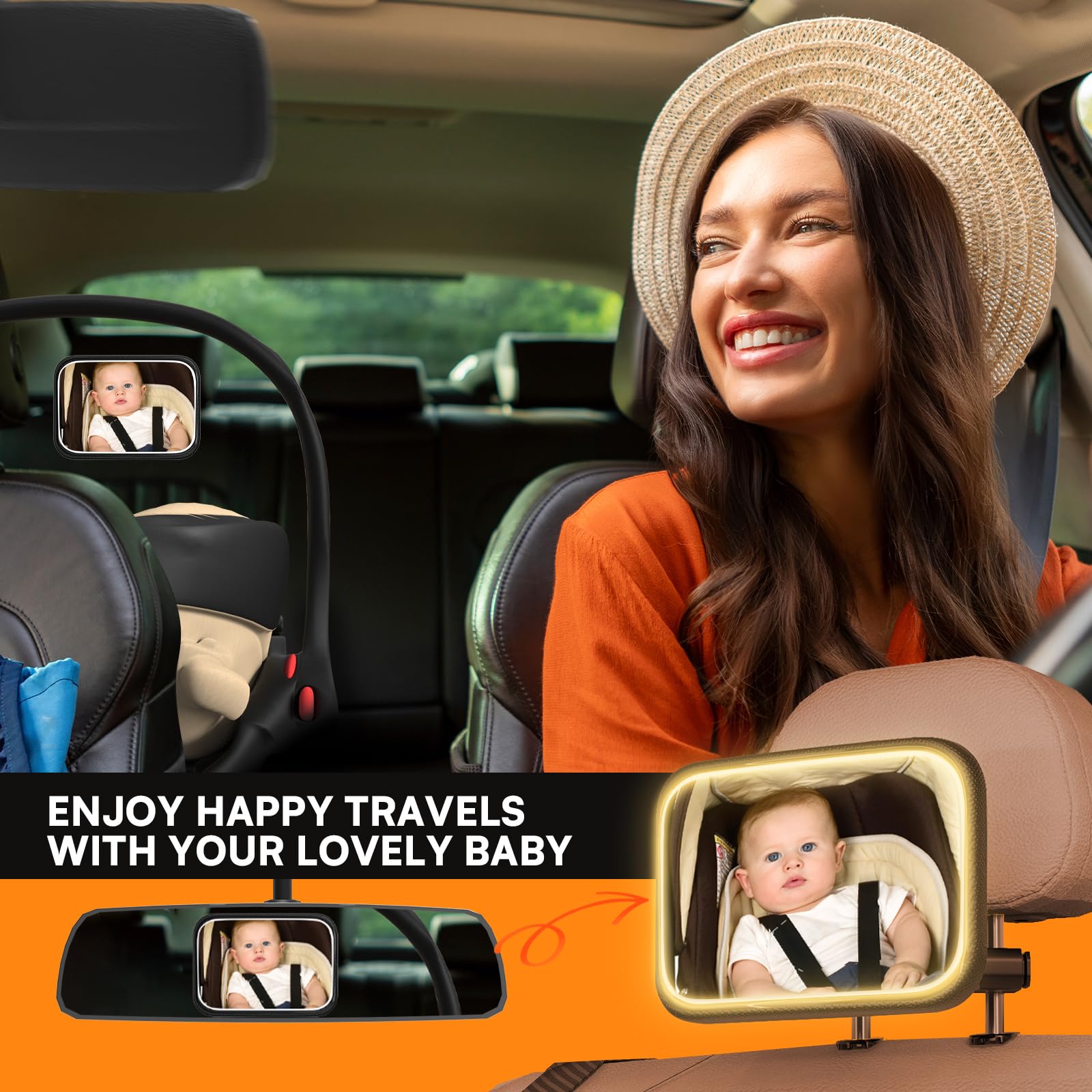Espejo de coche para bebé con luz, espejo recargable para bebé con control remoto, visión clara, rotación de 360°, espejo trasero para asiento de coche, resistente a golpes y roturas