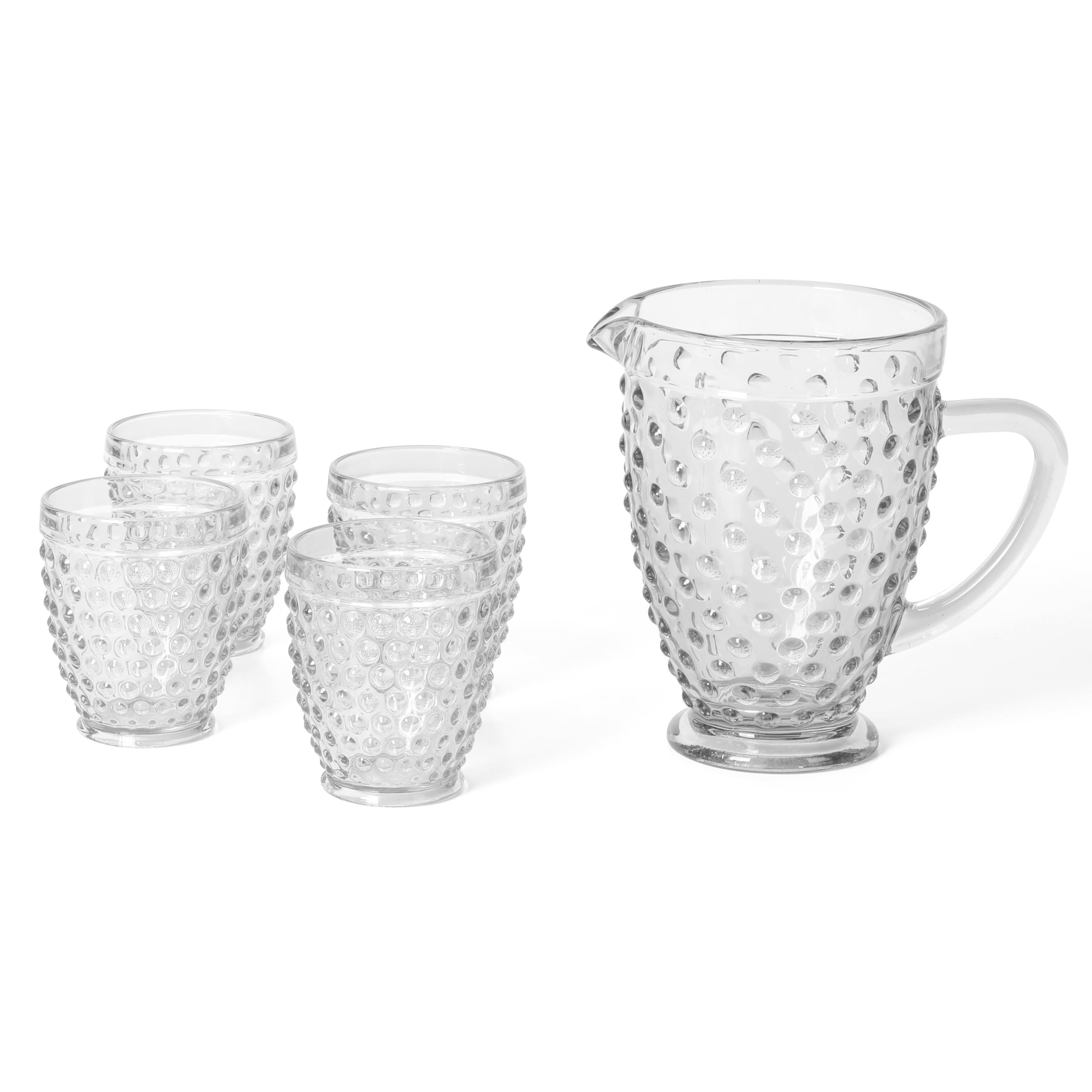Martha Stewart Chauncey 5-Piece Handmade Hobnail Pitcher and Glassware Set, Clear