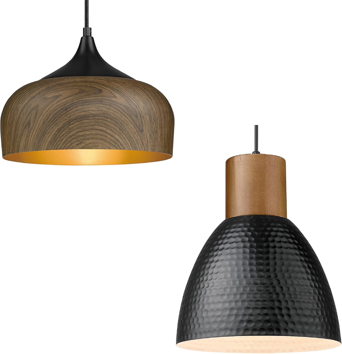 ELYONA Modern Pendant Light Walnut Wooden Pattern Dome Pendant Light Fixture & Hammered Hanging Lamp for Kitchen Island Dining Room Office Hallway Foyer Bedroom