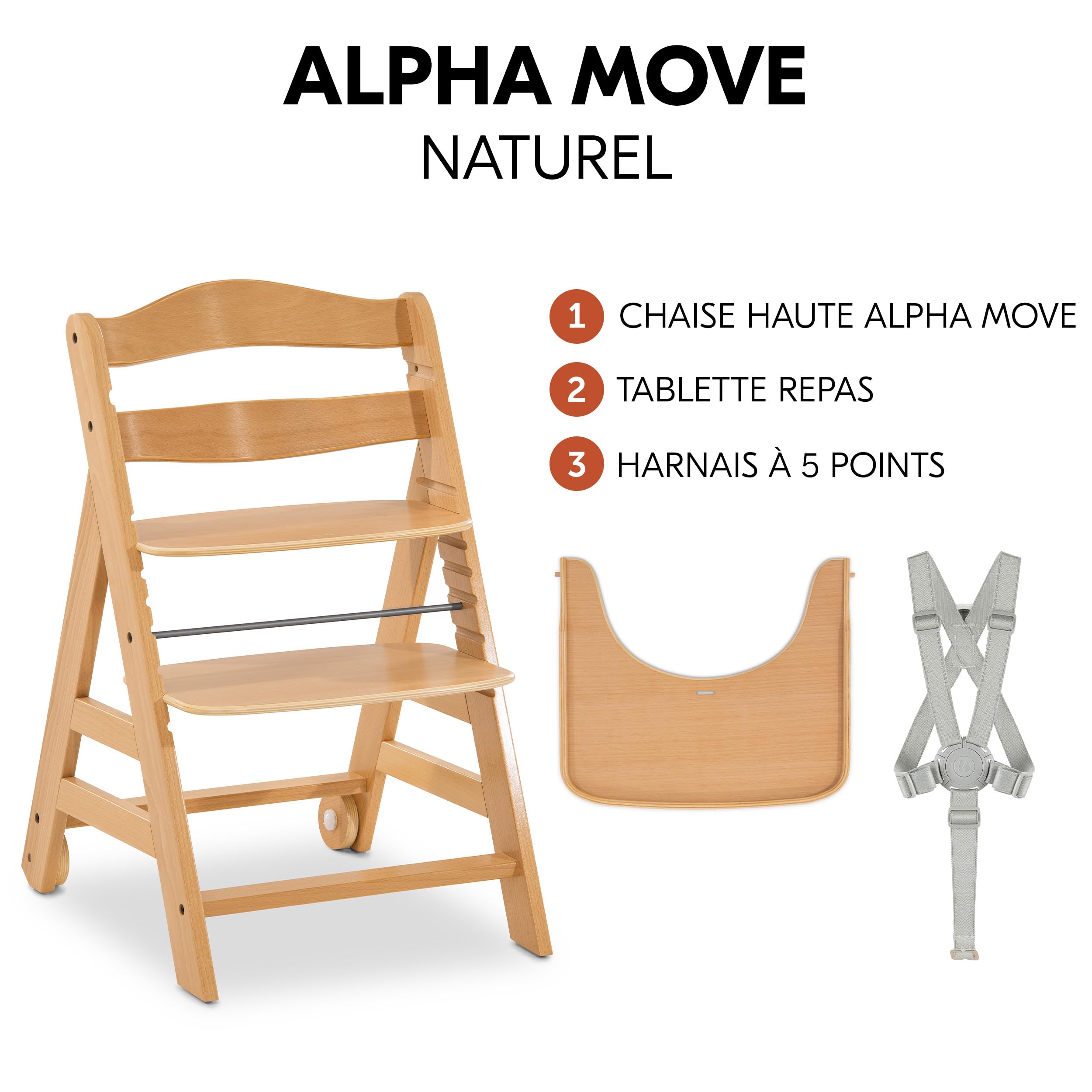 hauck Chaise Haute Bébé Alpha Move en Bois avec Plateau Repas - Natural | Chaise haute évolutive en bois de hêtre FSC, de 6 mois à 90 kg, avec roulettes, harnais 5 points et tablette amovible