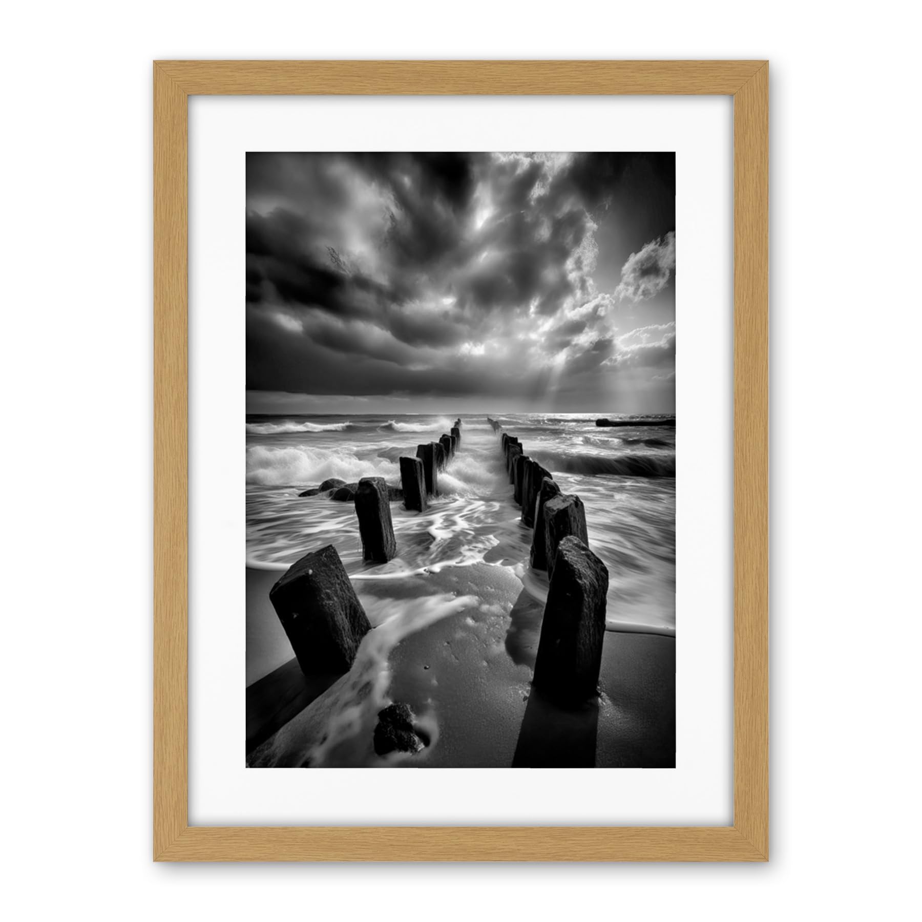 Artery8 Pier Ruins Black and White Dramatic Coastal Photo Artwork Framed Wall Art Print 18X24 Inch