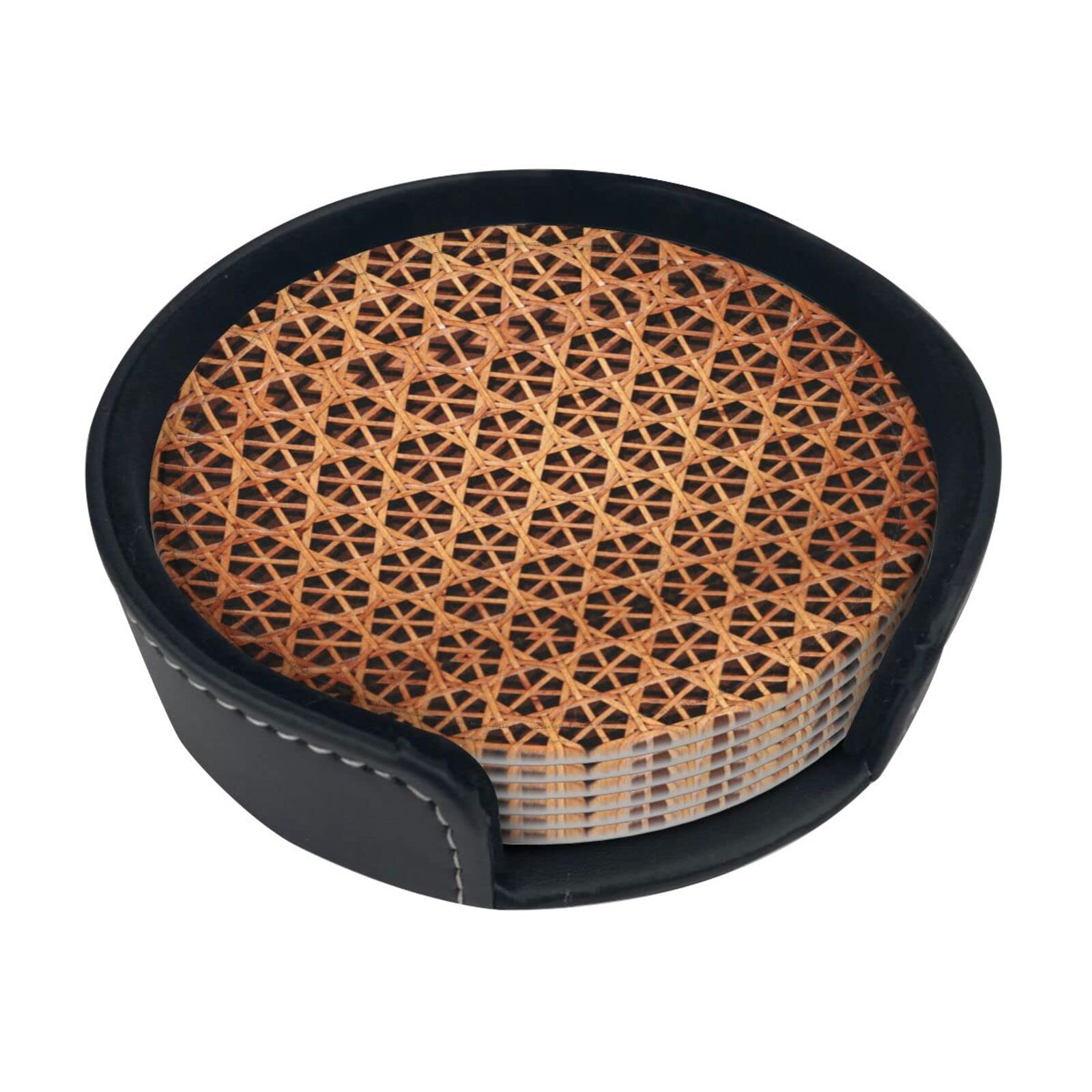 Coasters Set Of 6 Wicker Woven Grid Print Leather Coasters For Drinks,Home Décor And Housewarming Gift
