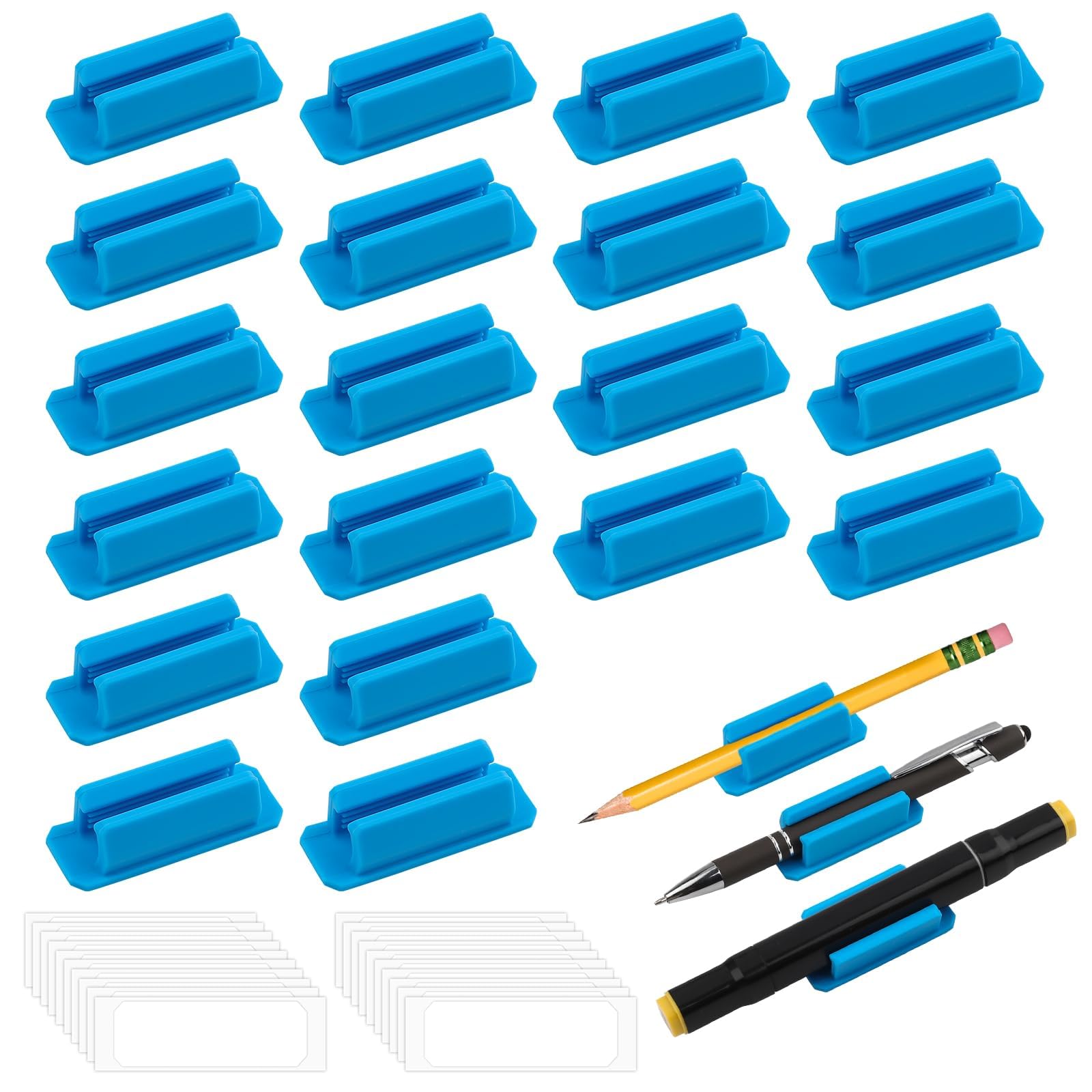 Nexlynk 20 Pcs Pen Holder for Desk, Blue Adhesive Silicone Pencil Holder Clips for Marker Holders, Clipboard Attachment, Classroom and Office Desk Accessories, Teacher & Student Supplies