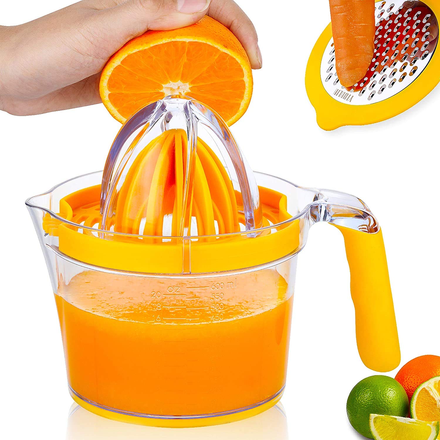 PUPU Lemon Squeezer,Orange Juicer,Multifunctional Lemon Juicer with Built-in Measuring Cup and Grater Egg separator,Non-Slip Silicone Handle,Upgrade Citrus Juicer 20OZ