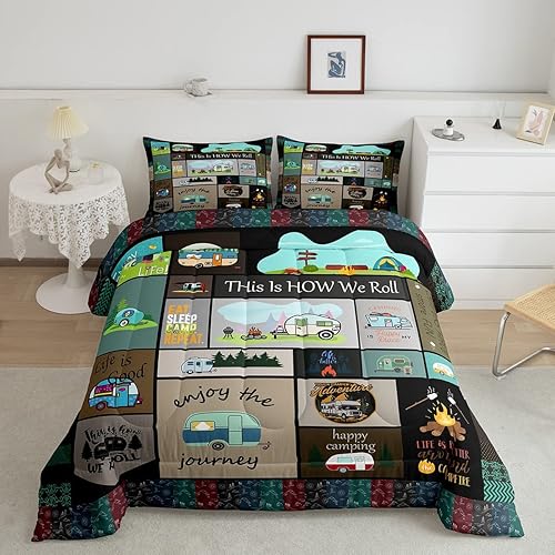 Juego de edredón con temática de cámper, juego de ropa de cama para niños, niñas, mujeres, adultos, caricaturas, coches de caricatura, juego de