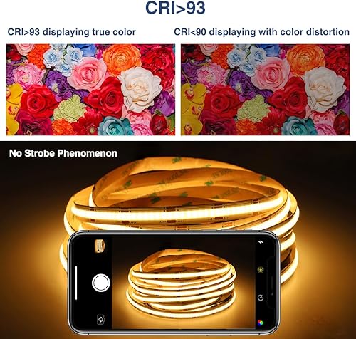 Miniatura 3 de Ustarus COB - Tira de luz LED blanca regulable de 16.4 pies, 24 V, 2700 K-6500 K, cinta de tira de luz COB con control remoto RF 3200 LED CRI93+