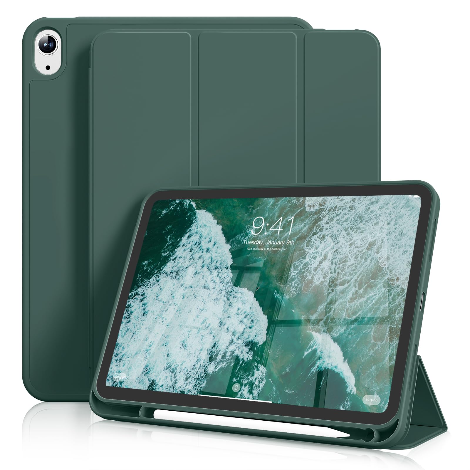 JKSML Hülle für iPad (A16) 11. Generation 11 Zoll (2025) & iPad 10. Generation (2022) mit Stifthalter, Auto Schlafen/Wachen, Flexible Weiche TPU Rückseite Hülle für Büro/Uni (Dunkelgrün)