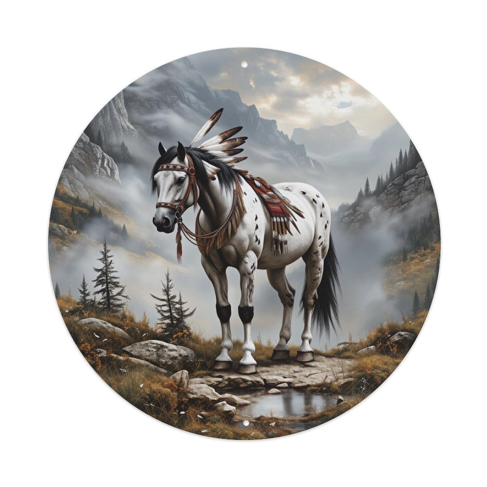 Native American Horse Mountain Landscape Round Tin Sign Vintage Metal Poster, Home Bar Garage Man Cave Cafe Indoor & Outdoor Wall Decoration 8x8Inches
