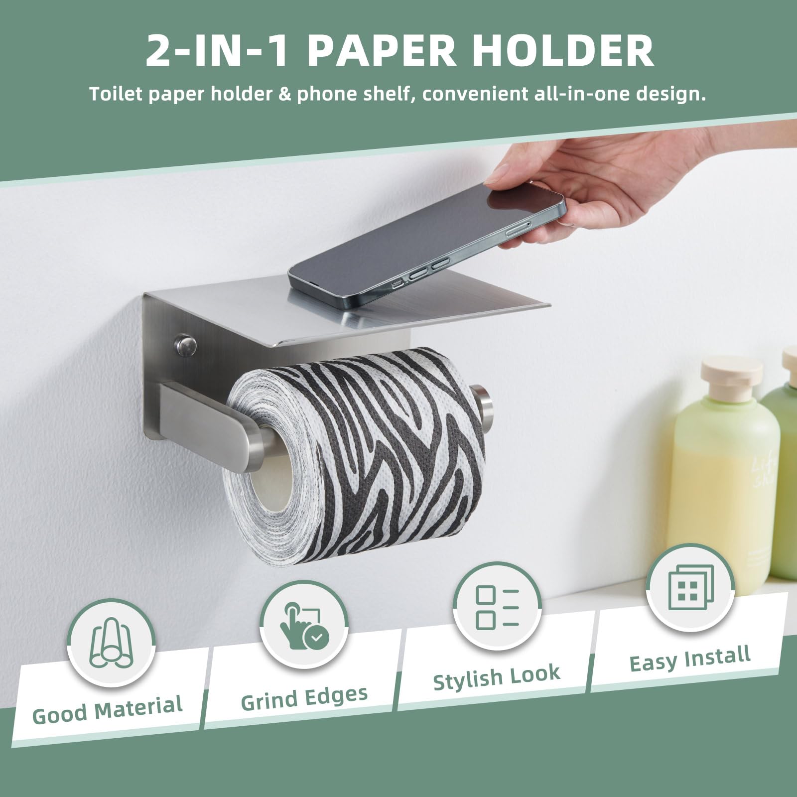 Soporte de papel higiénico de níquel cepillado, soporte de rollo de papel higiénico de acero inoxidable SUS 304 con estante, montado en la pared 4