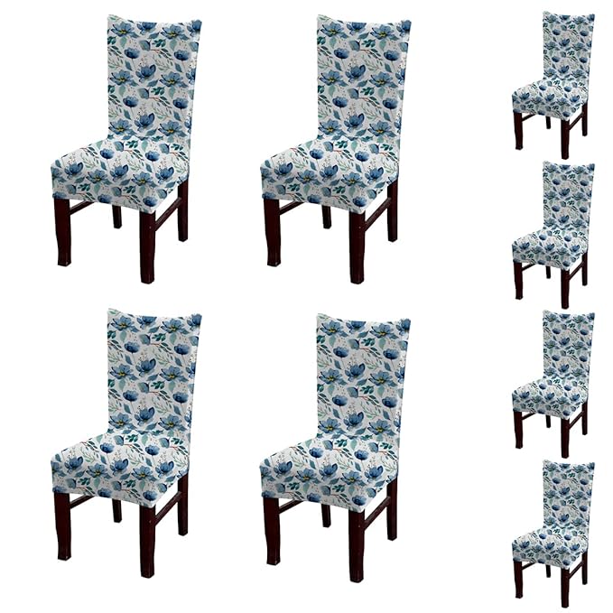STYLE4HER Blue Flower Patterned Dining Chair Covers Set of 8 pcs