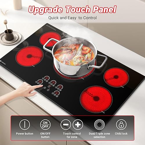 Miniatura 2 de AMZCHEF Estufa eléctrica de 36 pulgadas, 5 quemadores integrados, encimera de vidrio de cerámica de 9000 W con control táctil, 9 niveles de