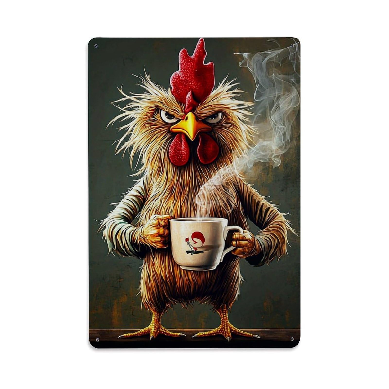 Bliveurn Vintage Angry Rooster Holding Coffee Cup Retro Metal Tin Sign, Metal Poster For Home, Gaming Room, Studio Workshop,Bar,Garage Wall Art Decor 8X12 Inch