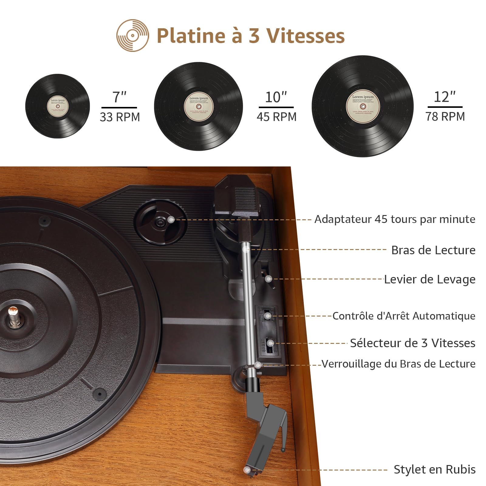 Platine Vinyle sans Fil Bluetooth à 3 Vitesses avec Haut-parleurs stéréo intégrés, phénographe Radio AM/FM avec Prise 3.5mm, CD/Cassette, AUX-in/RCA-Out, Lecture USB