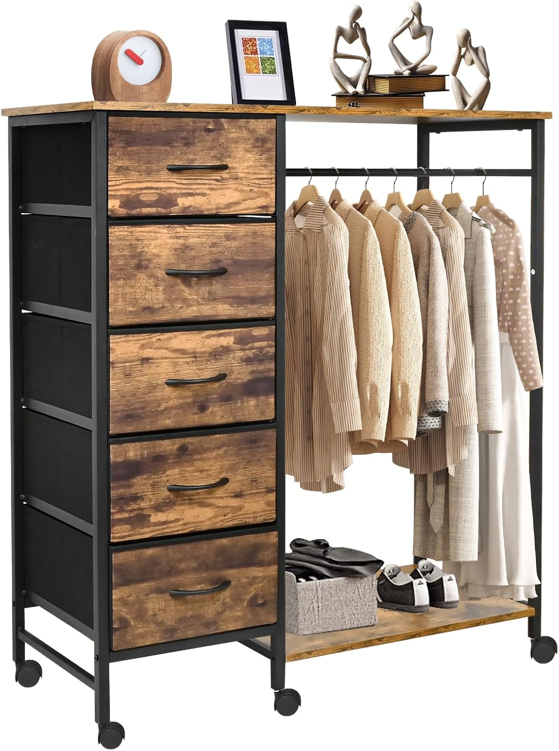 ハンガーラック スリム チェスト 5段 引き出し 棚 収納付き 木製