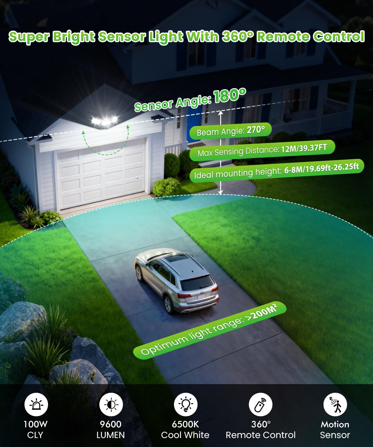MEIHAU Faretto Led Da Esterno Con Sensore Di Movimento 100W 9600LM | Faretti Led Da Esterno Con Telecomando 3 Teste 270° Fari LED Esterno 6500K Faro Led Da Esterno IP66 Impermeabile Per Garage