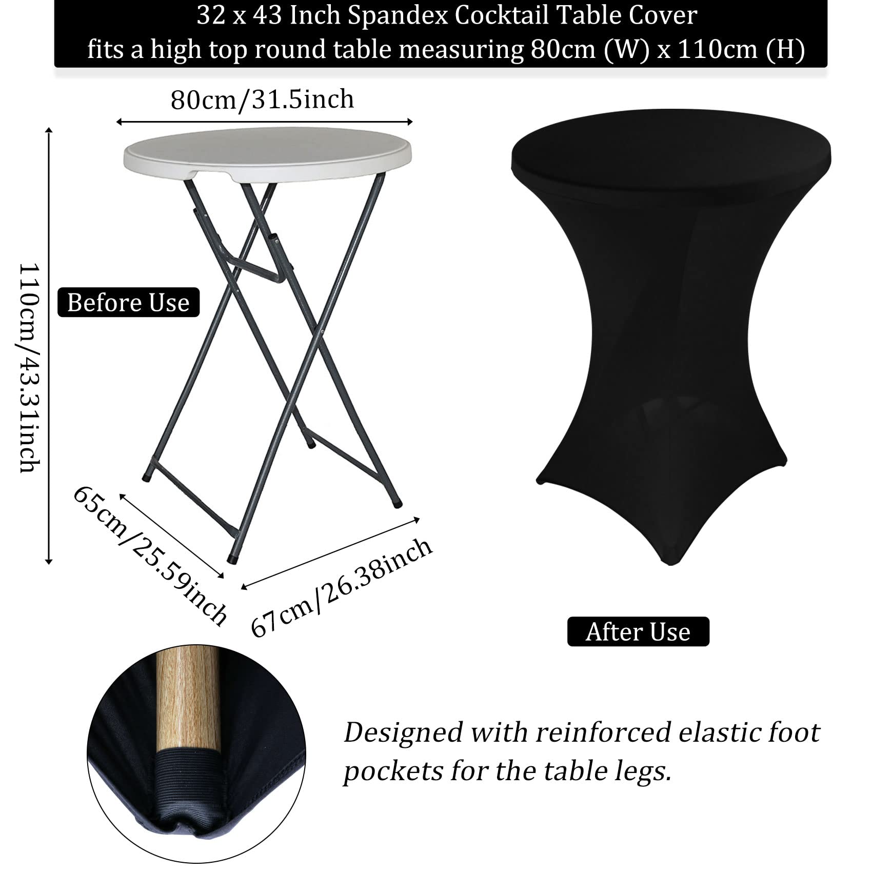 Paquete de 4 manteles de elastano con esquinas cuadradas elásticas de 32 x 43 pulgadas, mantel redondo de cóctel negro, mesa alta ajustada para bar, bodas, cumpleaños, banquetes, fiestas al aire libre